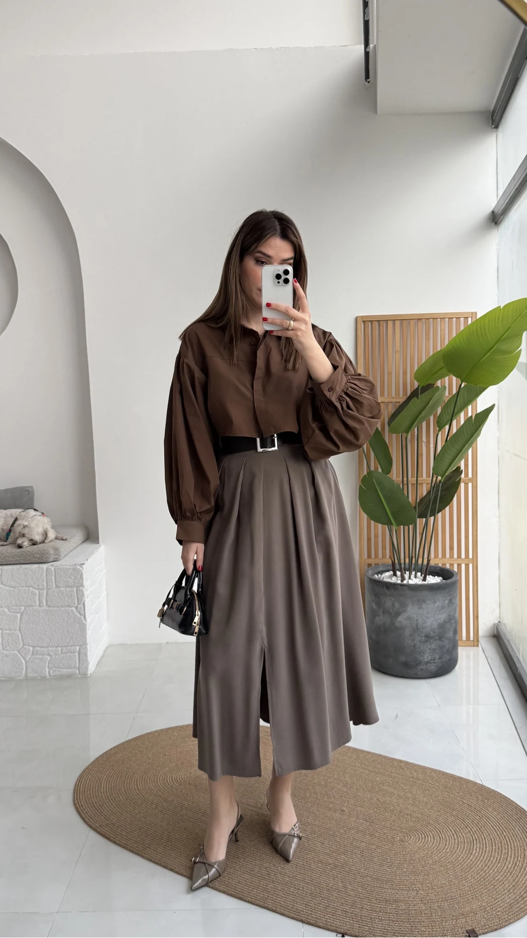 Bitter Kemerli Pileli Yırtmaç Detay Midi Boy Etek - Haki - Kod: 5043