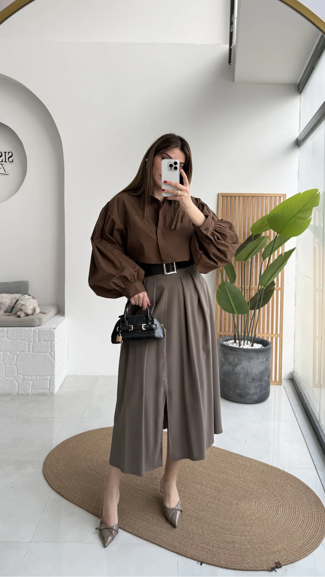 Bitter Kemerli Pileli Yırtmaç Detay Midi Boy Etek - Haki - Kod: 5043