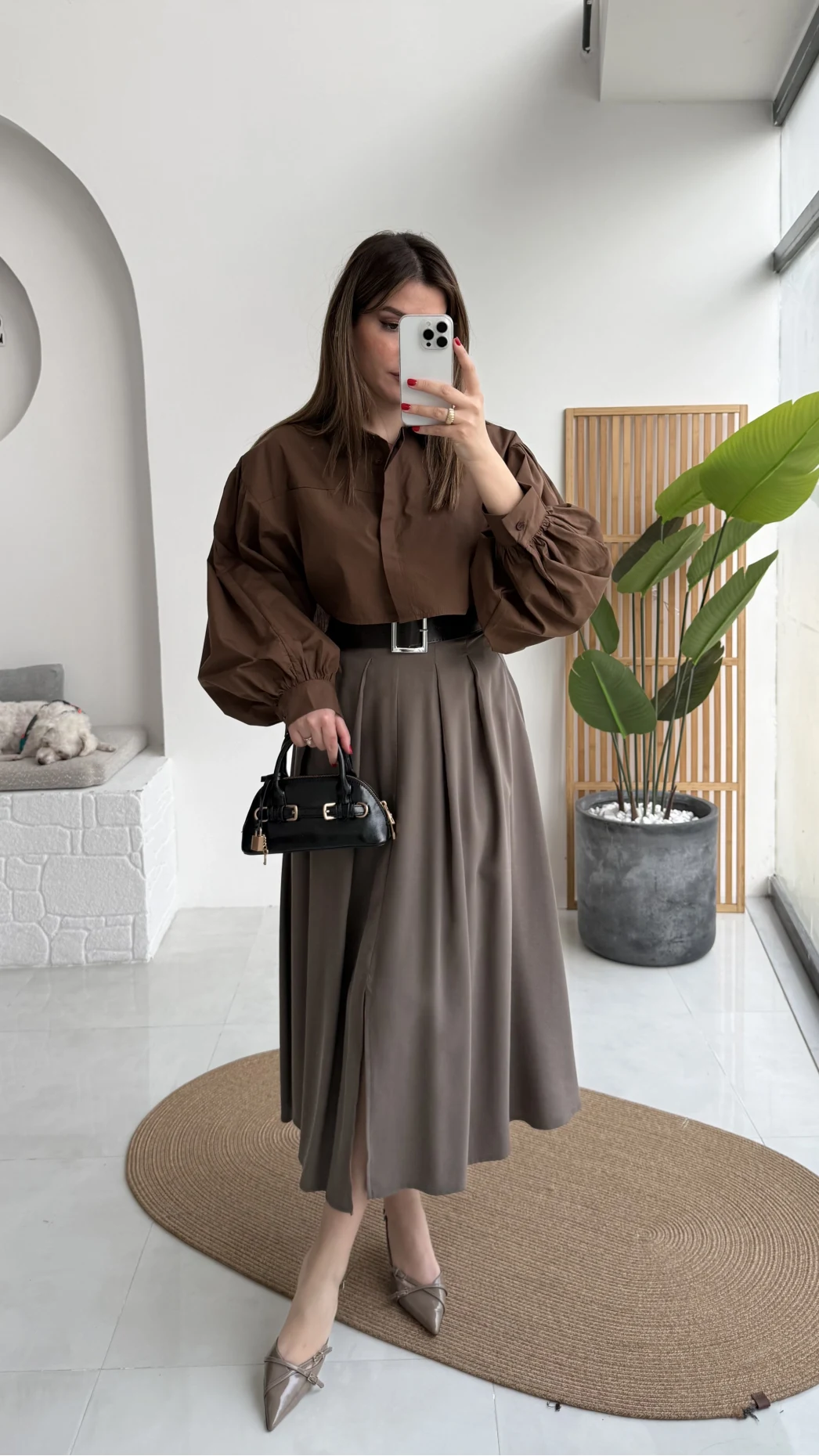 Bitter Kemerli Pileli Yırtmaç Detay Midi Boy Etek - Haki - Kod: 5043