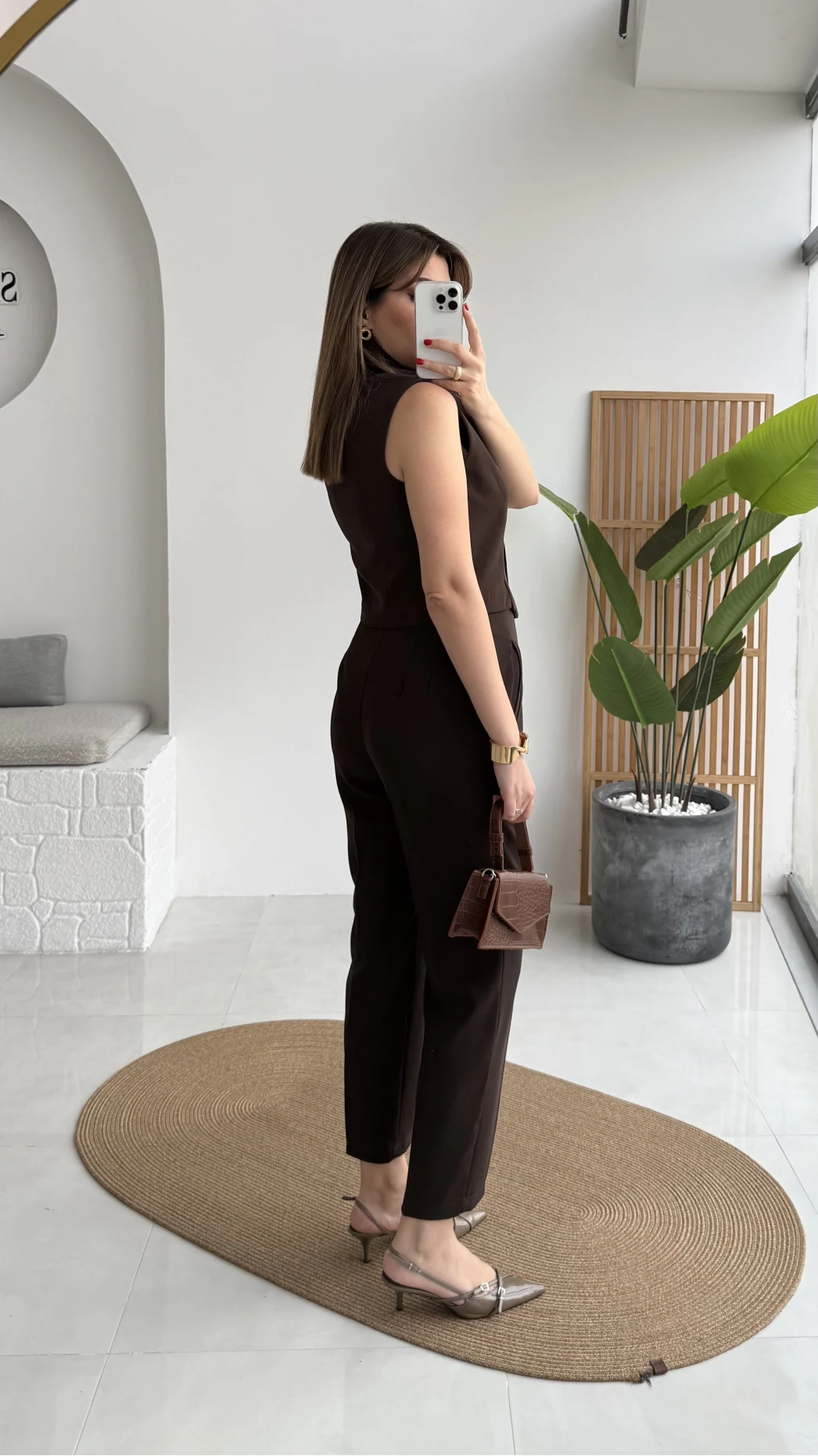 Caterina Sivri Yaka Yelek-Pantolon Takım - Acı Kahve - Kod: 8895