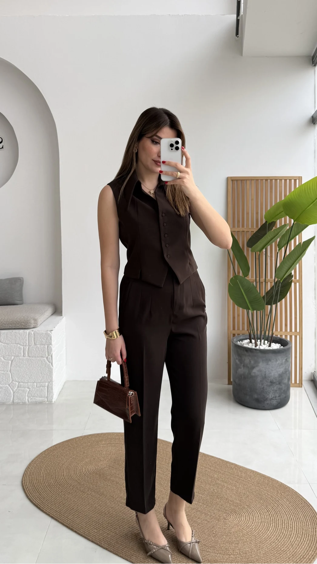 Caterina Sivri Yaka Yelek-Pantolon Takım - Acı Kahve - Kod: 8895