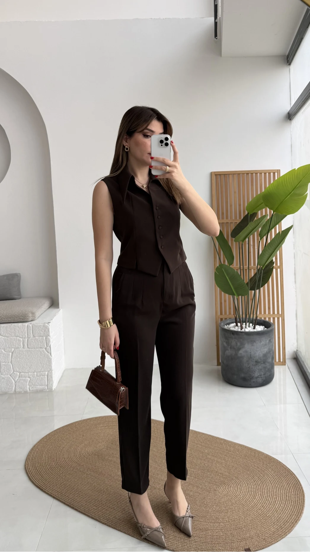 Caterina Sivri Yaka Yelek-Pantolon Takım - Acı Kahve - Kod: 8895