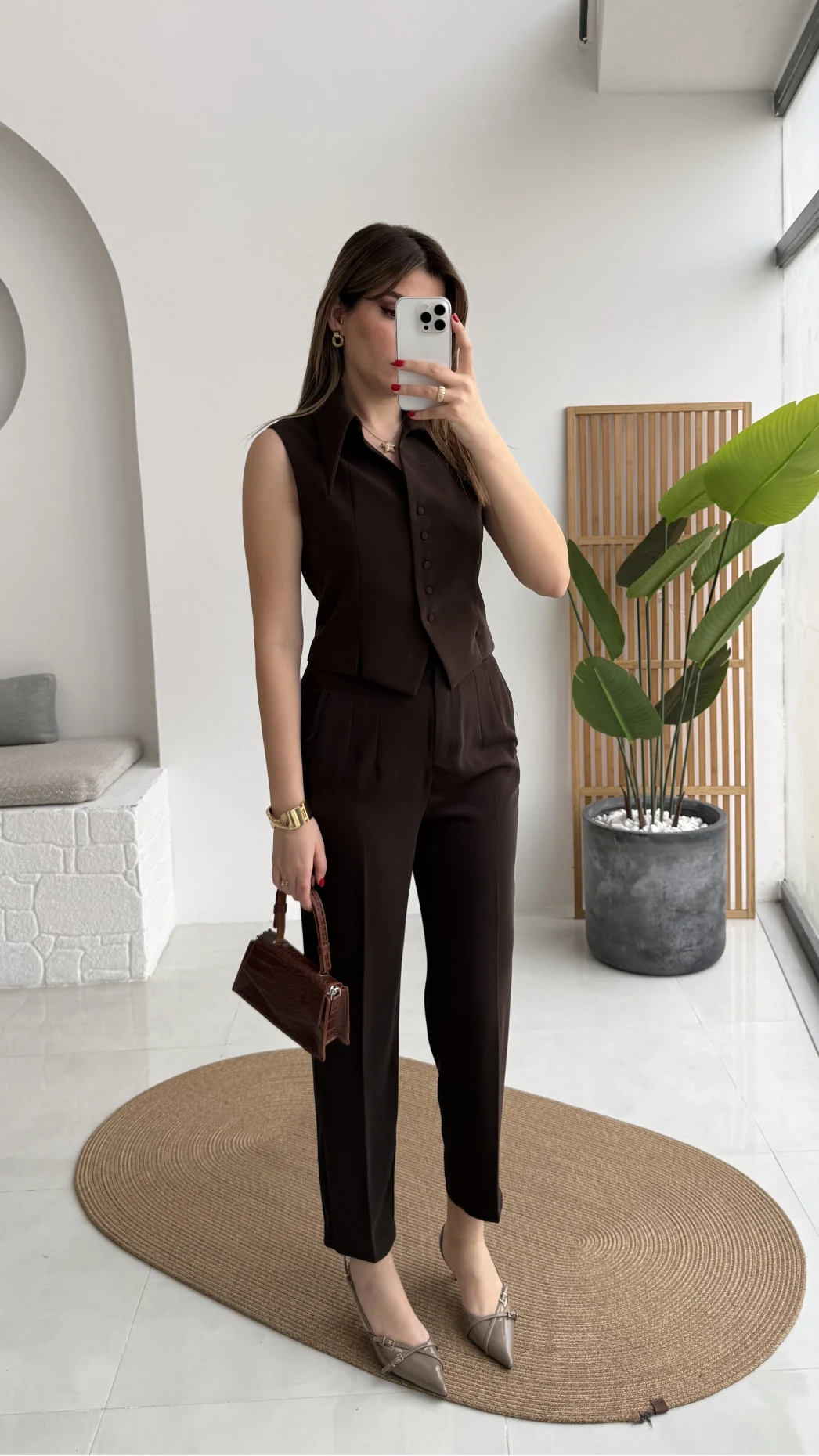 Caterina Sivri Yaka Yelek-Pantolon Takım - Acı Kahve - Kod: 8895