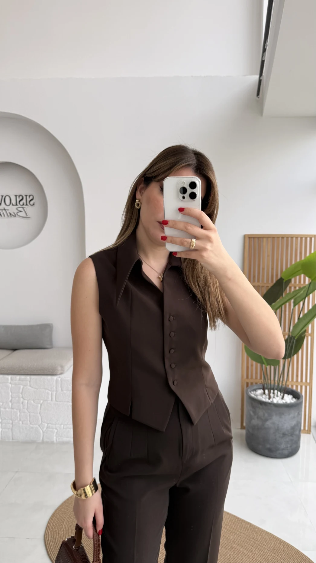 Caterina Sivri Yaka Yelek-Pantolon Takım - Acı Kahve - Kod: 8895