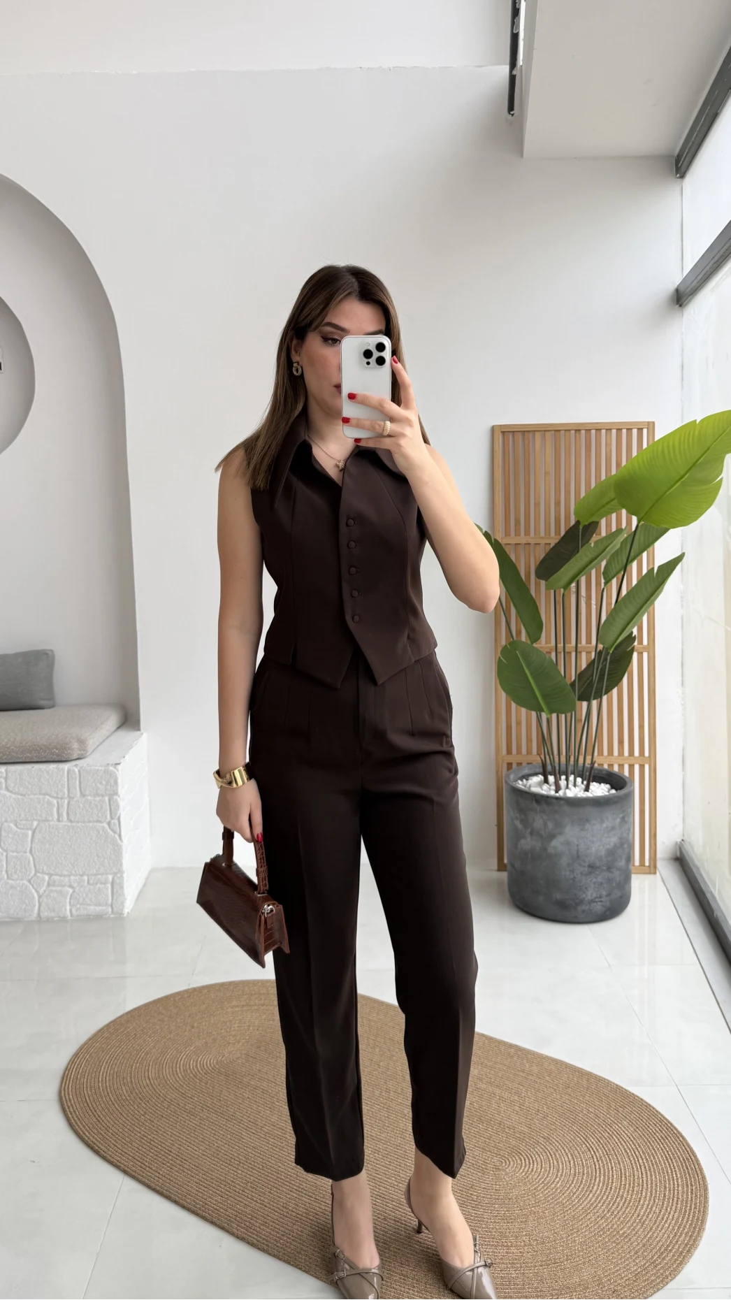 Caterina Sivri Yaka Yelek-Pantolon Takım - Acı Kahve - Kod: 8895