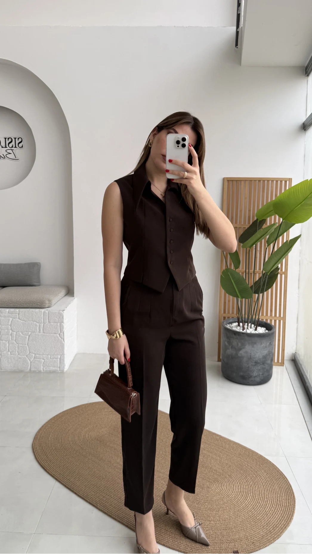 Caterina Sivri Yaka Yelek-Pantolon Takım - Acı Kahve - Kod: 8895