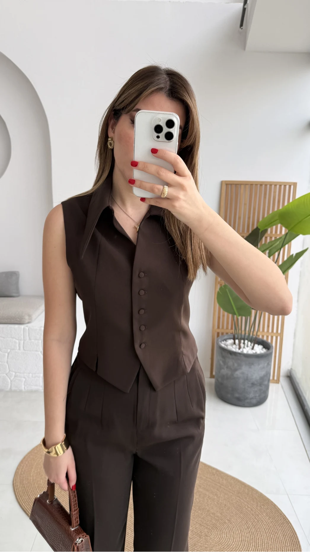 Caterina Sivri Yaka Yelek-Pantolon Takım - Acı Kahve - Kod: 8895