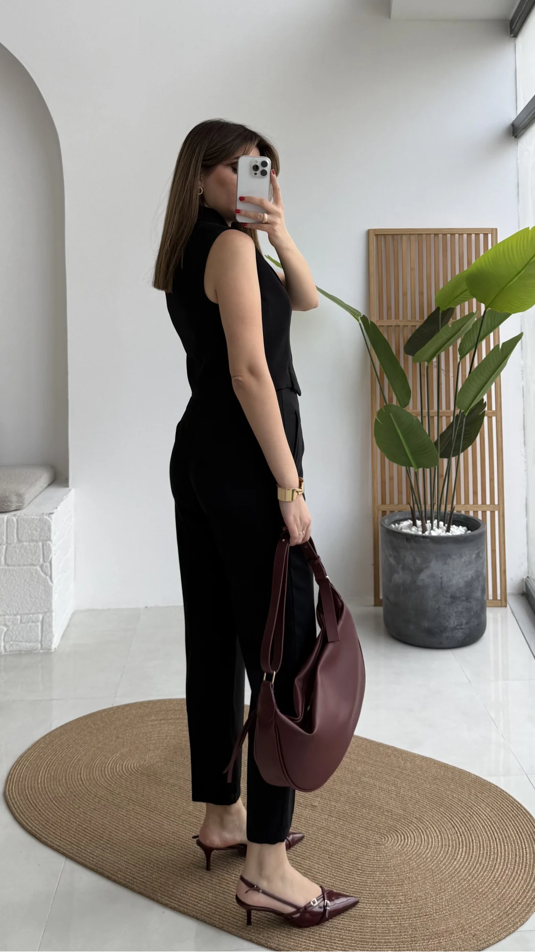 Caterina Sivri Yaka Yelek-Pantolon Takım - Siyah - Kod: 8895