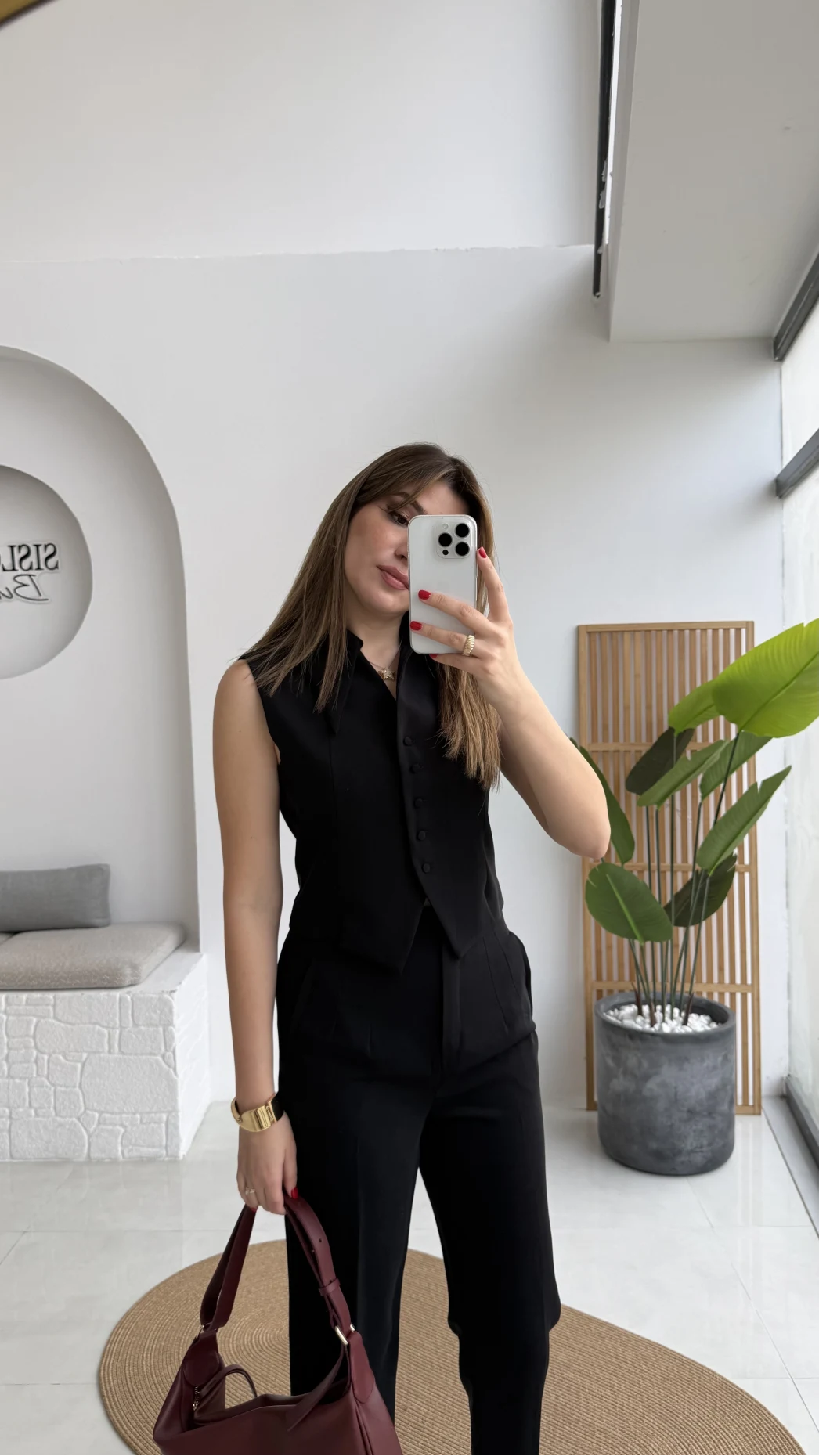 Caterina Sivri Yaka Yelek-Pantolon Takım - Siyah - Kod: 8895