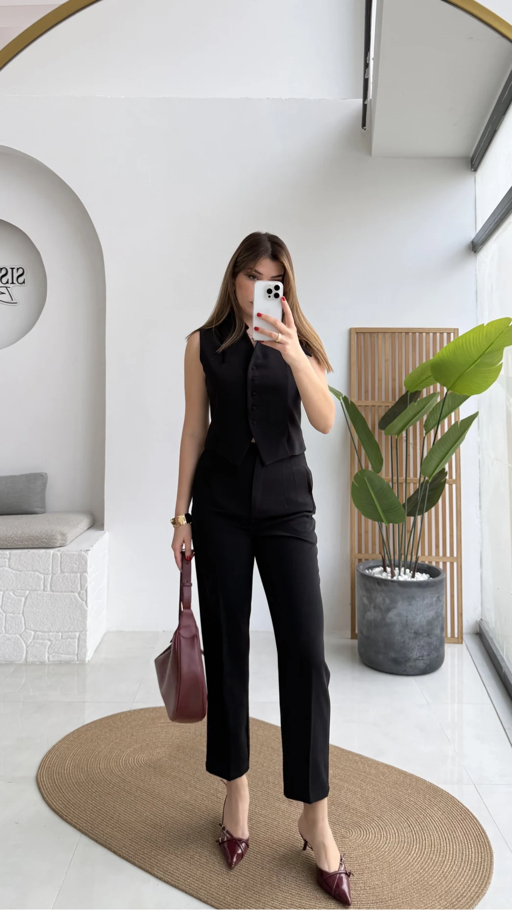 Caterina Sivri Yaka Yelek-Pantolon Takım - Siyah - Kod: 8895