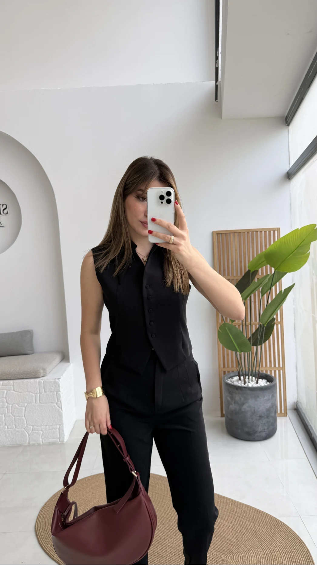 Caterina Sivri Yaka Yelek-Pantolon Takım - Siyah - Kod: 8895