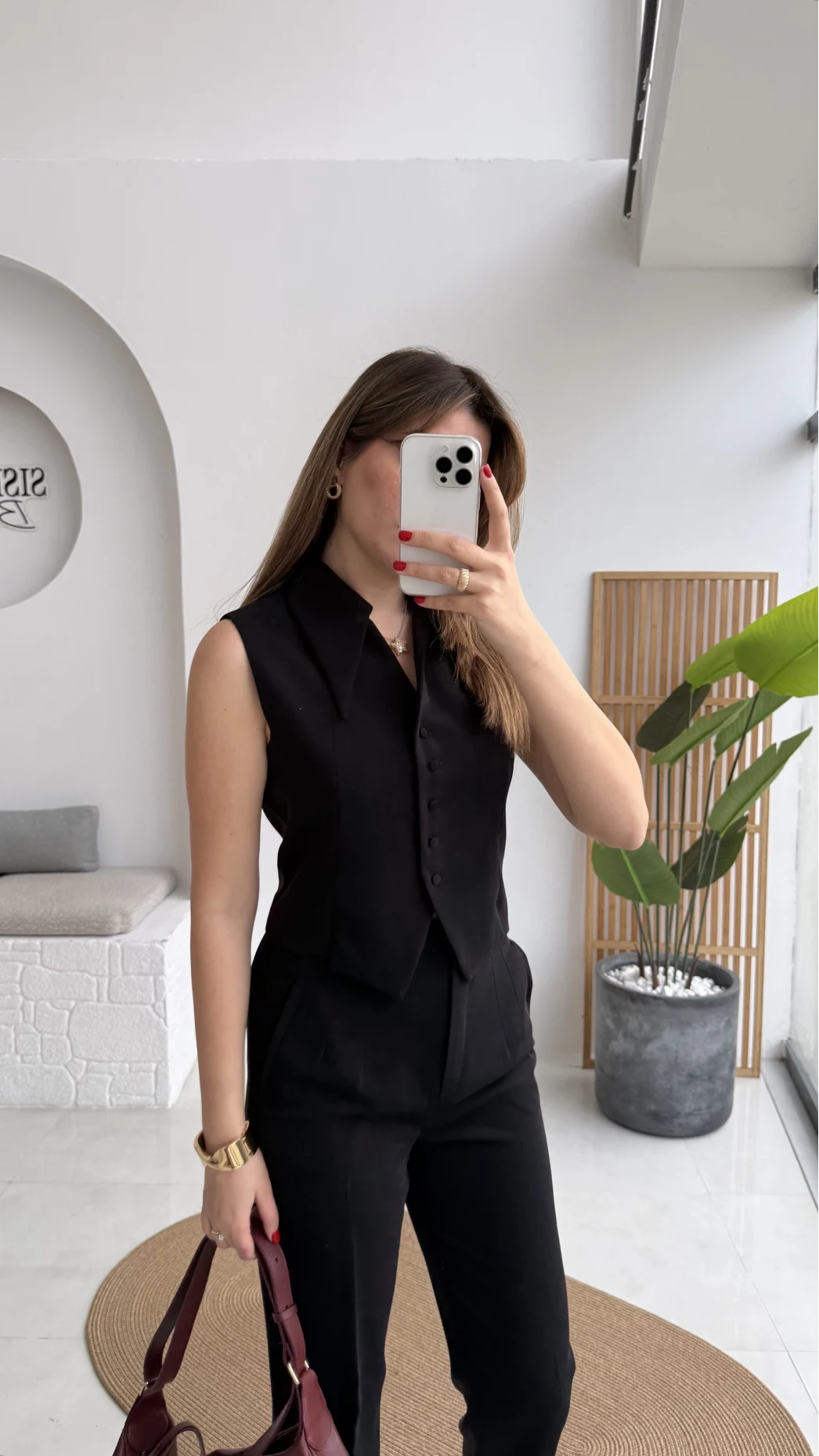 Caterina Sivri Yaka Yelek-Pantolon Takım - Siyah - Kod: 8895