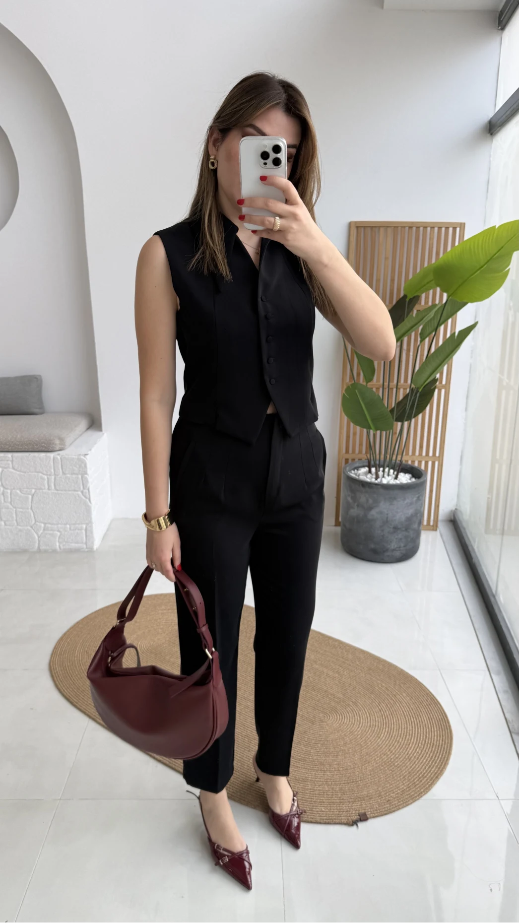 Caterina Sivri Yaka Yelek-Pantolon Takım - Siyah - Kod: 8895