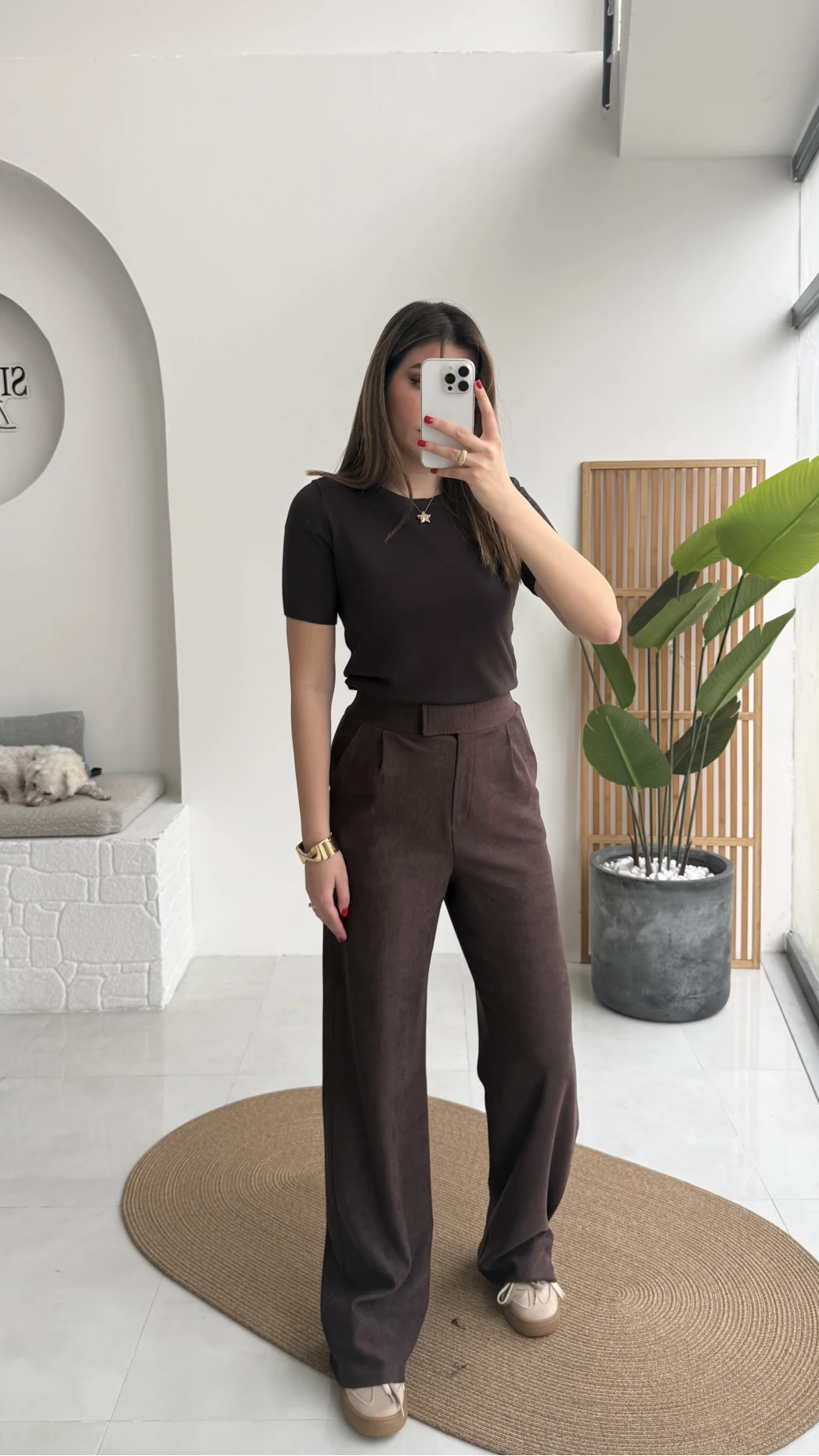 Kadife Cırt Detay Pantolon - Kahverengi - Kod: 3997