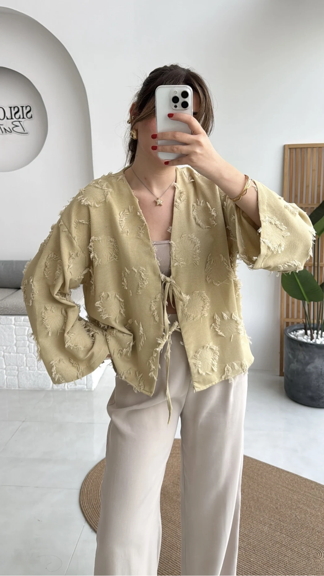 Püskül Detay Bağlamalı Kimono - Haki - Kod: 7012