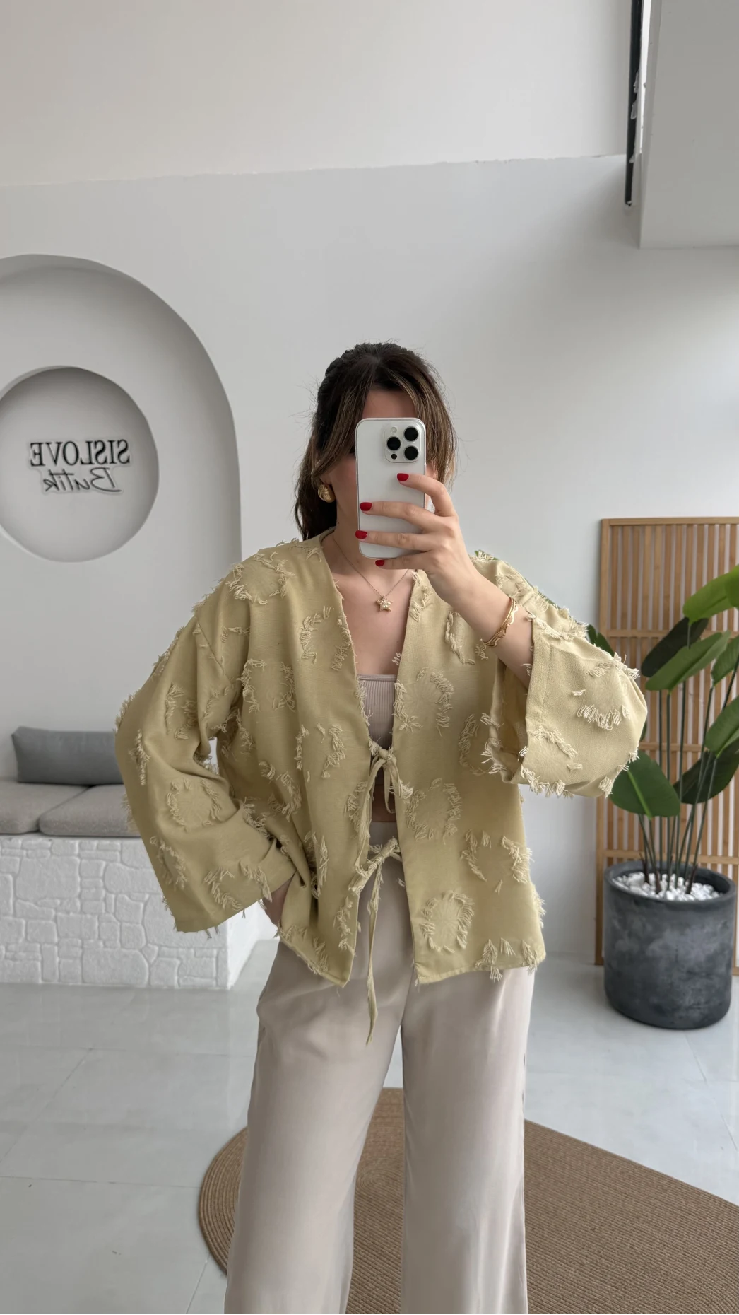 Püskül Detay Bağlamalı Kimono - Haki - Kod: 7012