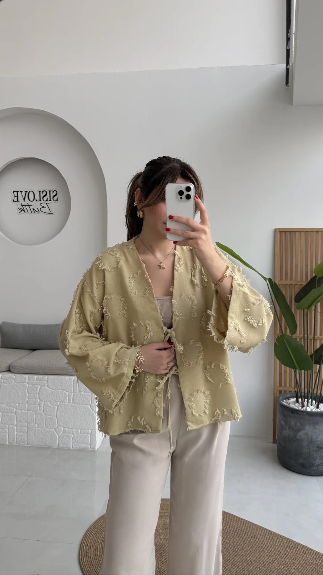 Püskül Detay Bağlamalı Kimono - Haki - Kod: 7012