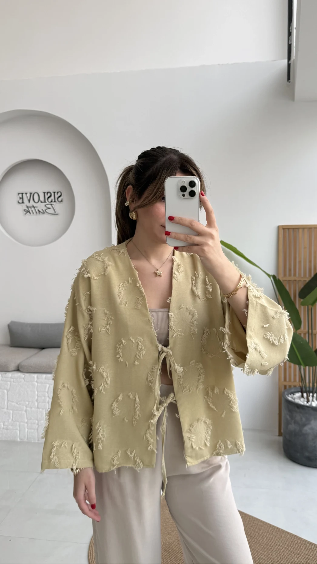 Püskül Detay Bağlamalı Kimono - Haki - Kod: 7012