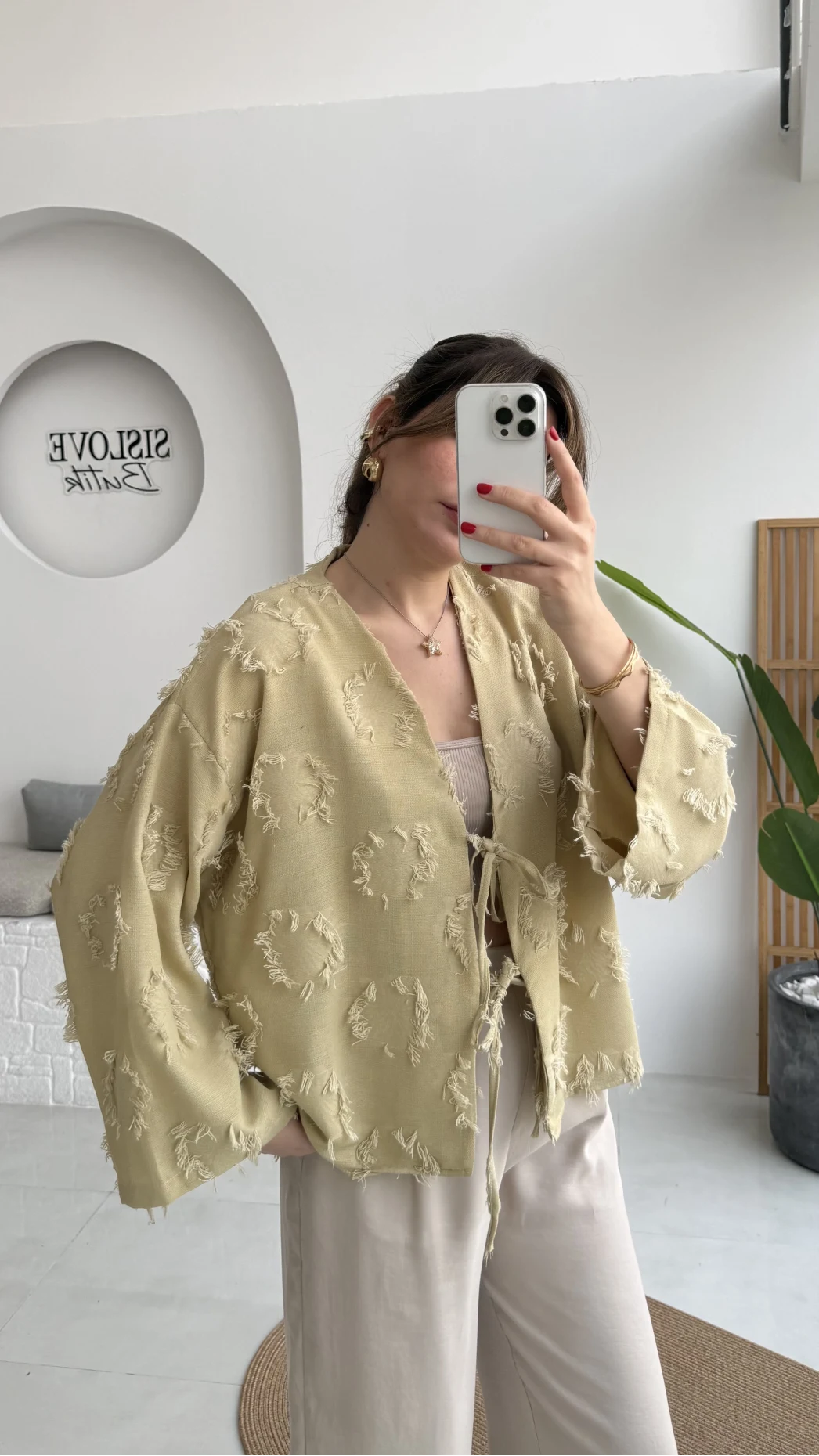 Püskül Detay Bağlamalı Kimono - Haki - Kod: 7012