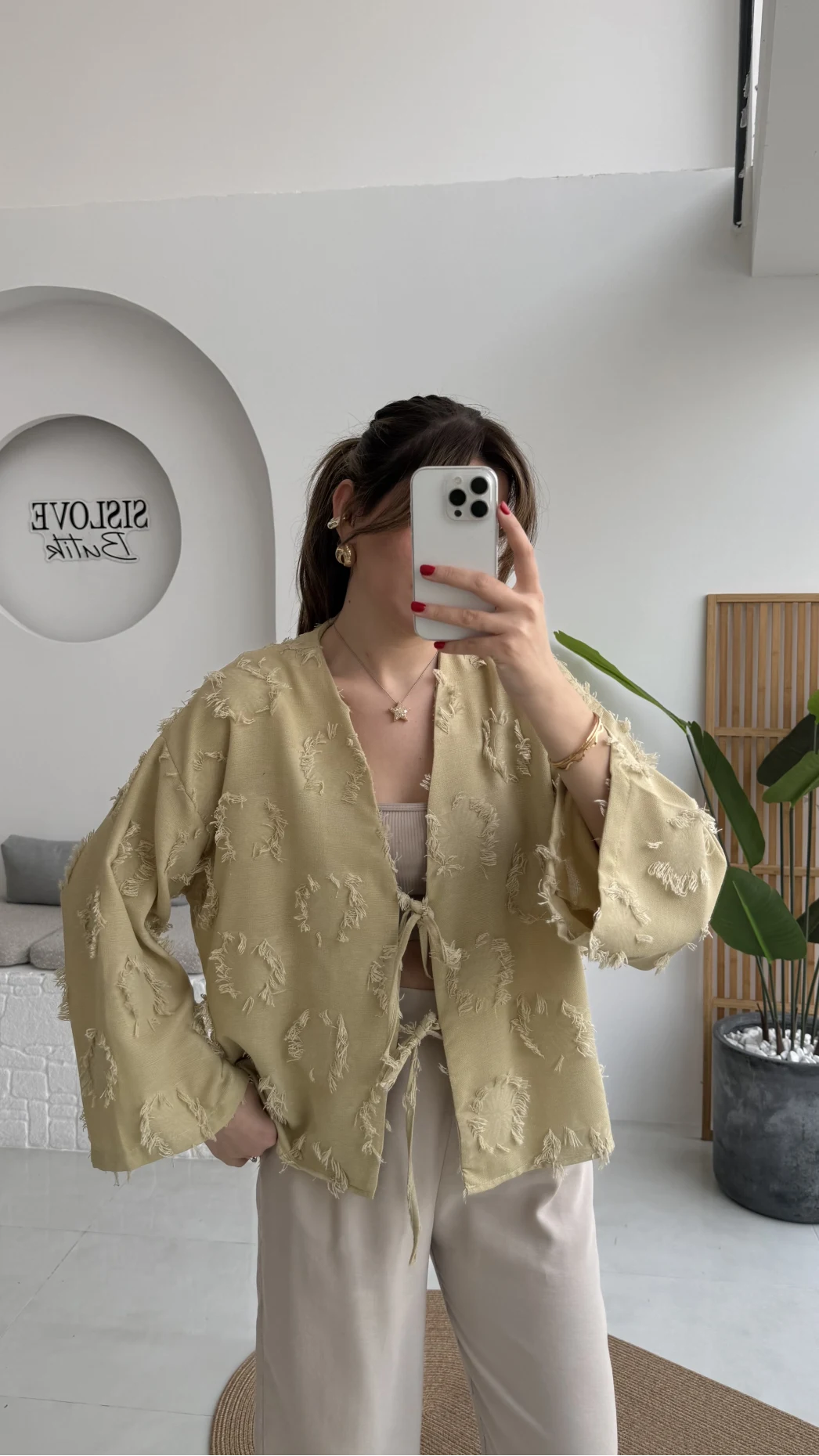 Püskül Detay Bağlamalı Kimono - Haki - Kod: 7012