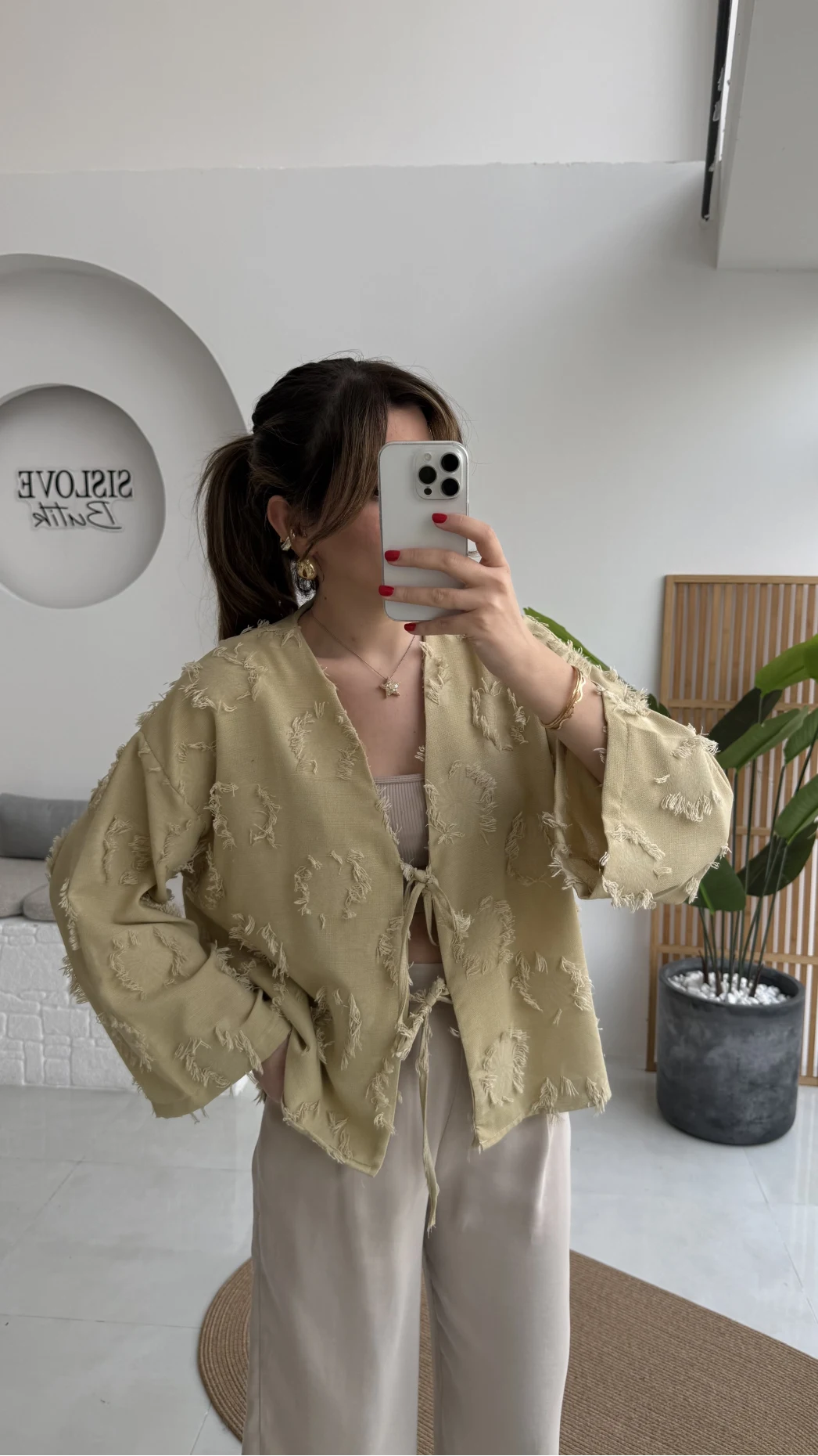 Püskül Detay Bağlamalı Kimono - Haki - Kod: 7012