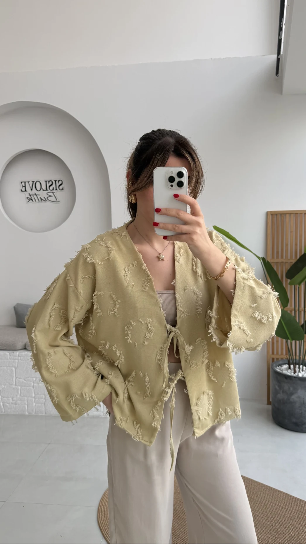 Püskül Detay Bağlamalı Kimono - Haki - Kod: 7012