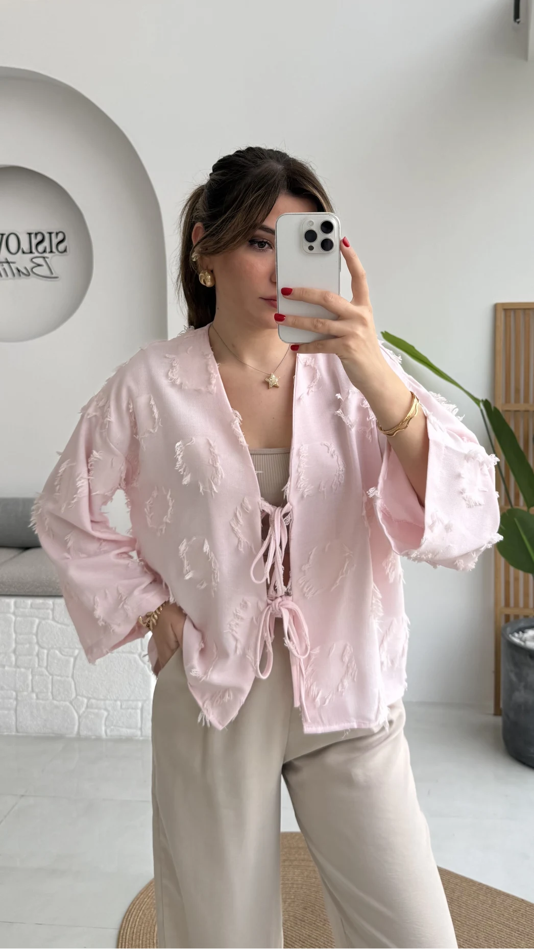 Püskül Detay Bağlamalı Kimono - Toz Pembe - Kod: 7012