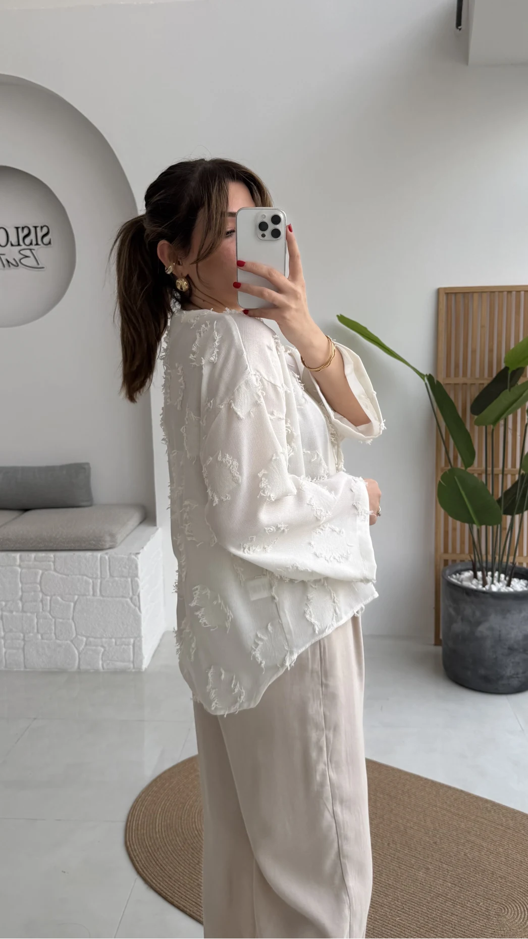 Püskül Detay Bağlamalı Kimono - Beyaz - Kod: 7012