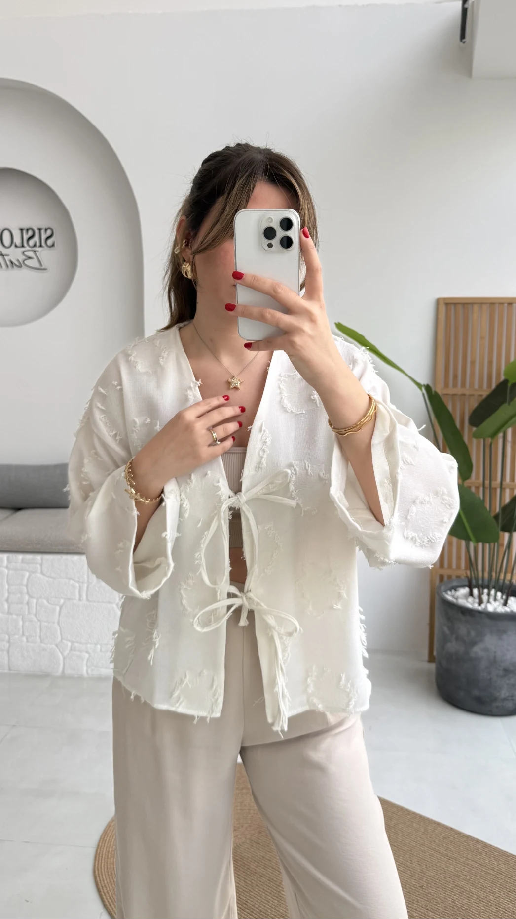 Püskül Detay Bağlamalı Kimono - Beyaz - Kod: 7012