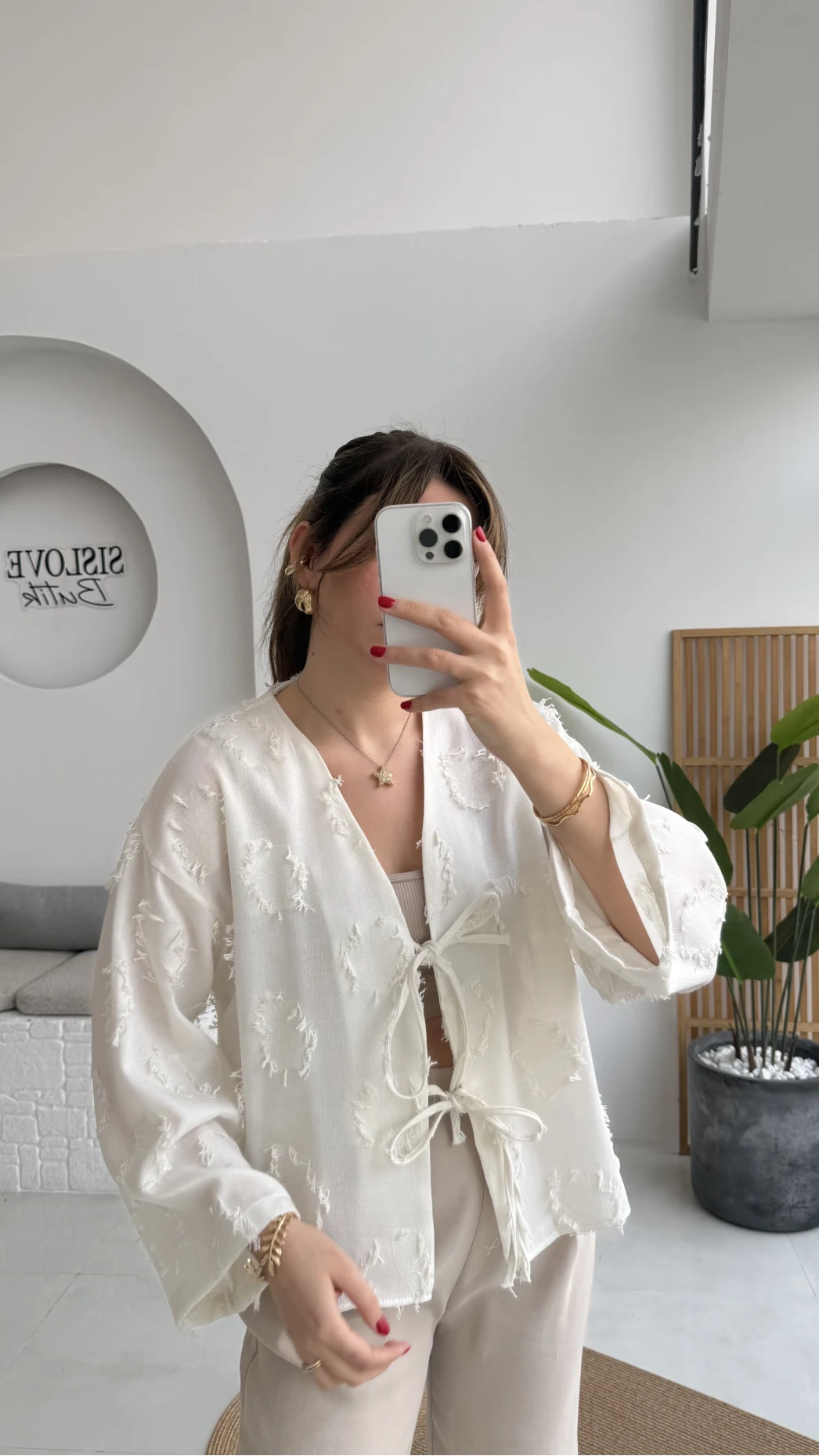 Püskül Detay Bağlamalı Kimono - Beyaz - Kod: 7012