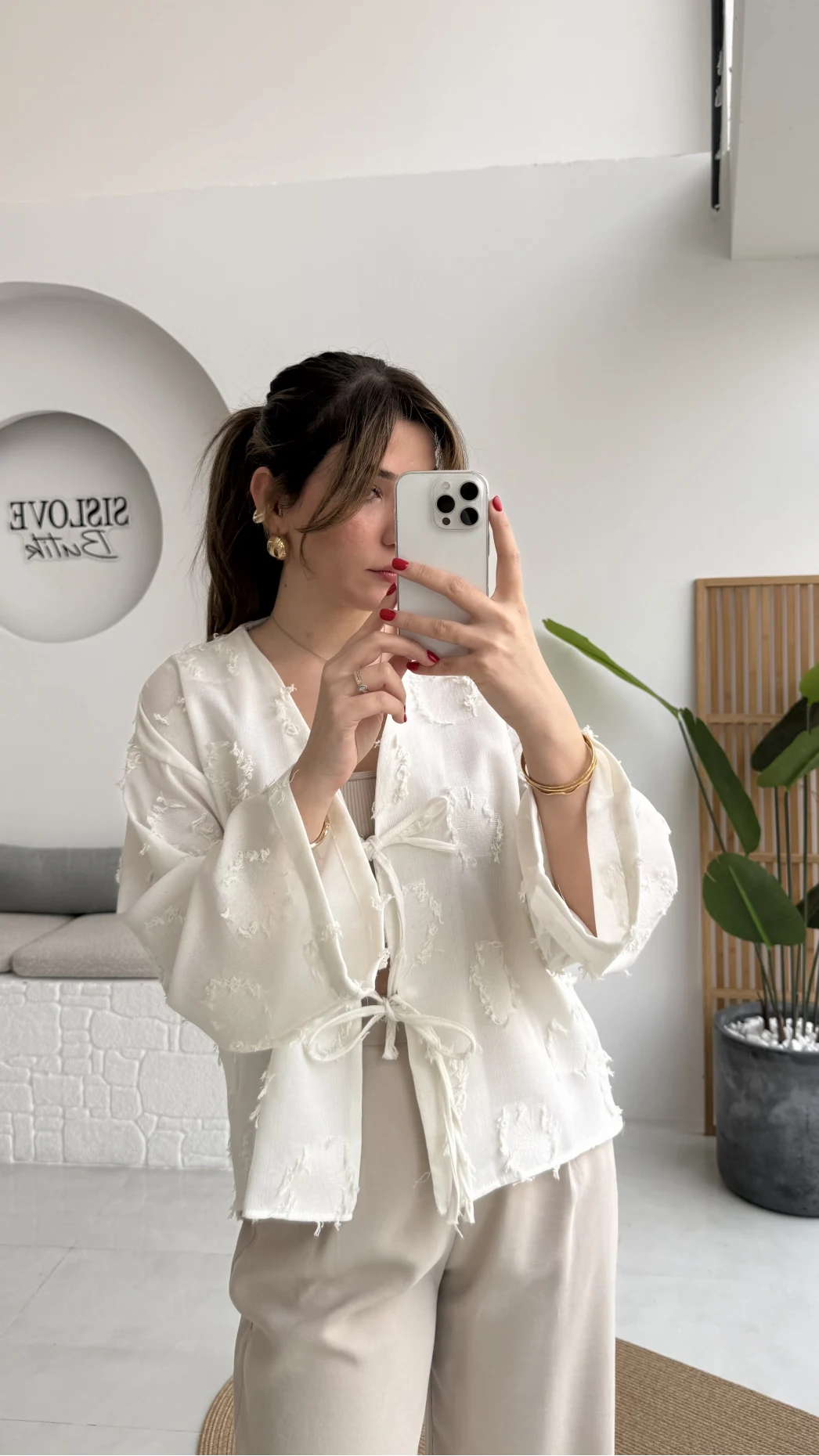 Püskül Detay Bağlamalı Kimono - Beyaz - Kod: 7012