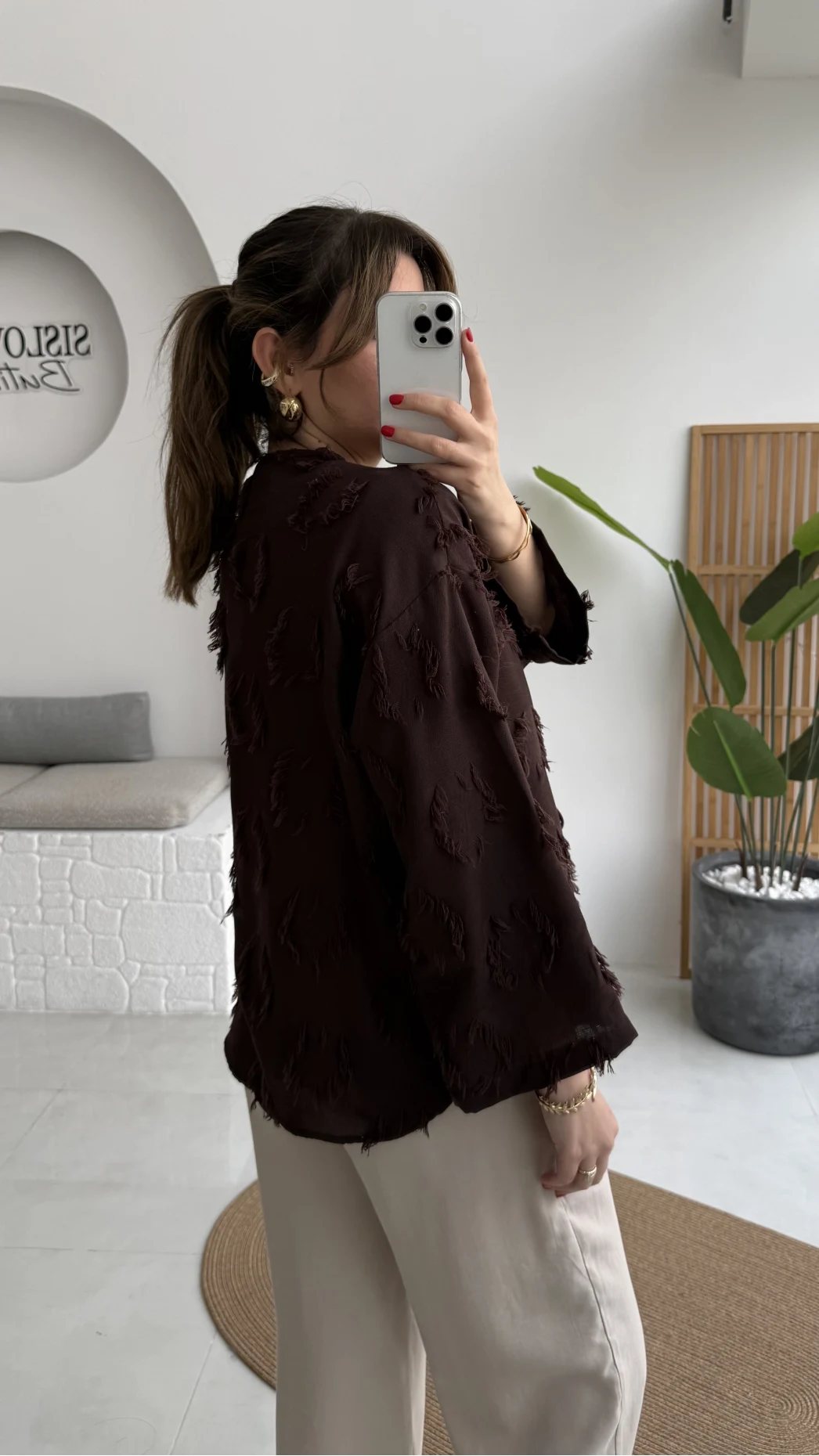 Püskül Detay Bağlamalı Kimono - Kahverengi - Kod: 7012