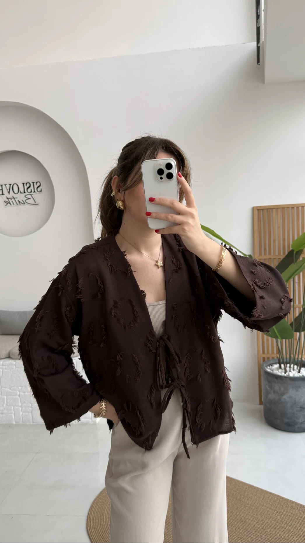 Püskül Detay Bağlamalı Kimono - Kahverengi - Kod: 7012