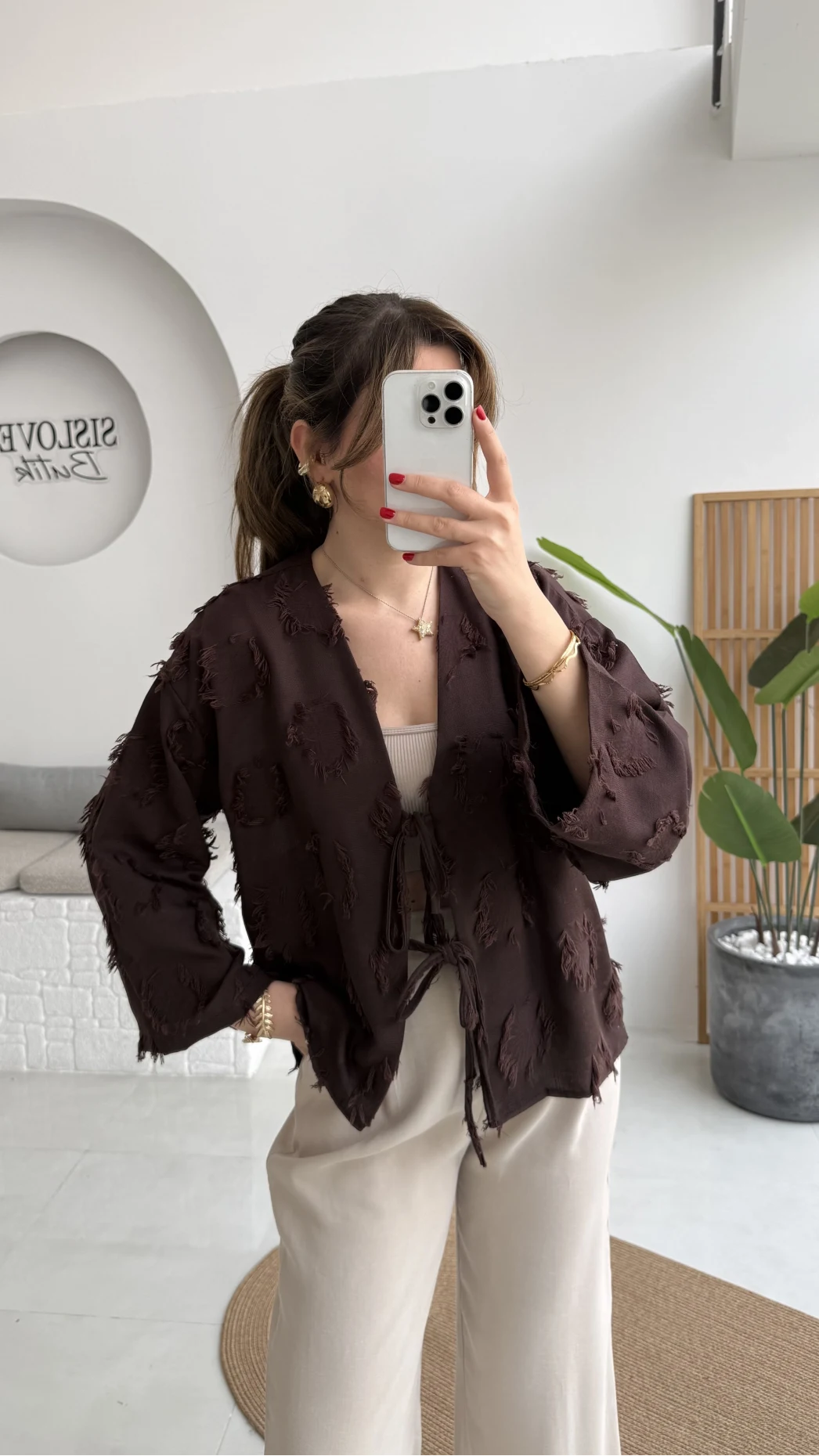 Püskül Detay Bağlamalı Kimono - Kahverengi - Kod: 7012