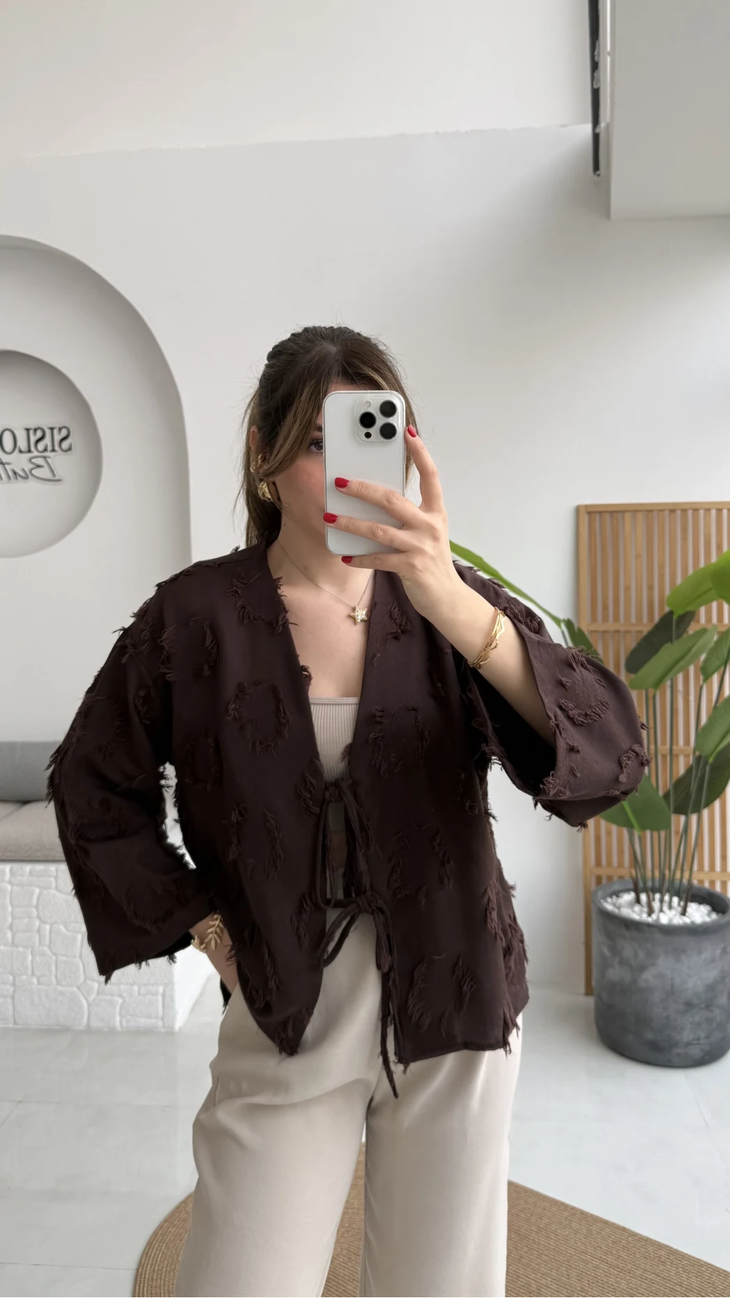 Püskül Detay Bağlamalı Kimono - Kahverengi - Kod: 7012