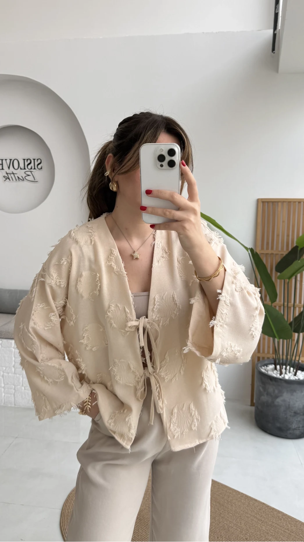 Püskül Detay Bağlamalı Kimono - Taş - Kod: 7012