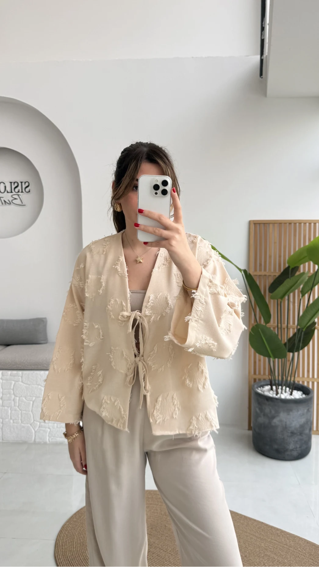 Püskül Detay Bağlamalı Kimono - Taş - Kod: 7012