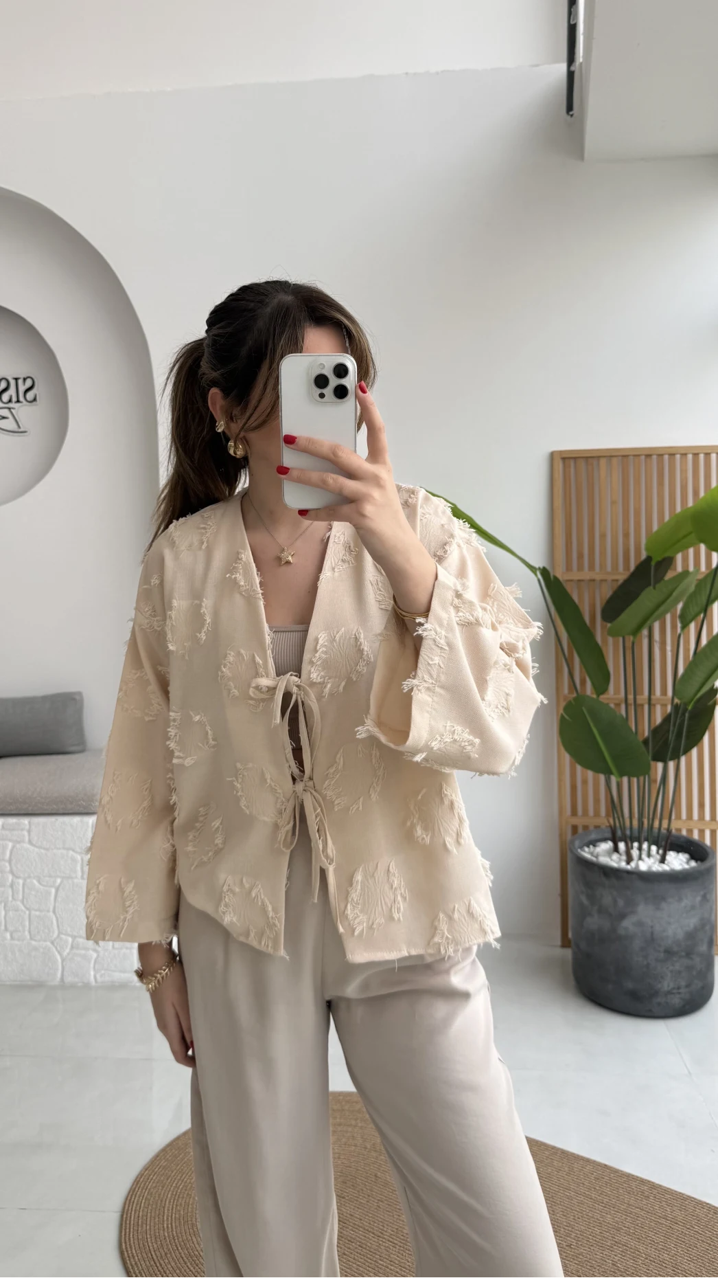 Püskül Detay Bağlamalı Kimono - Taş - Kod: 7012