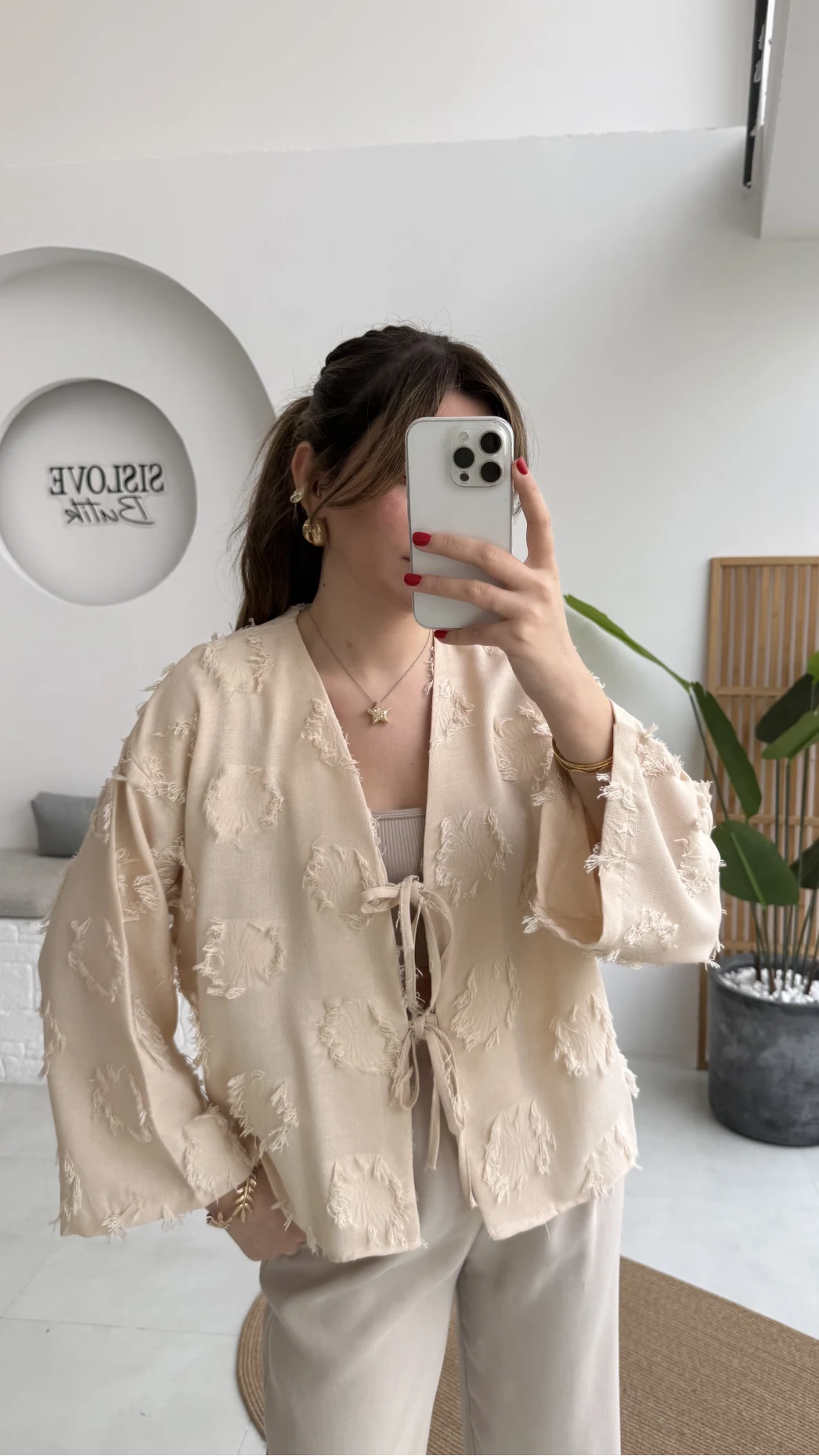 Püskül Detay Bağlamalı Kimono - Taş - Kod: 7012