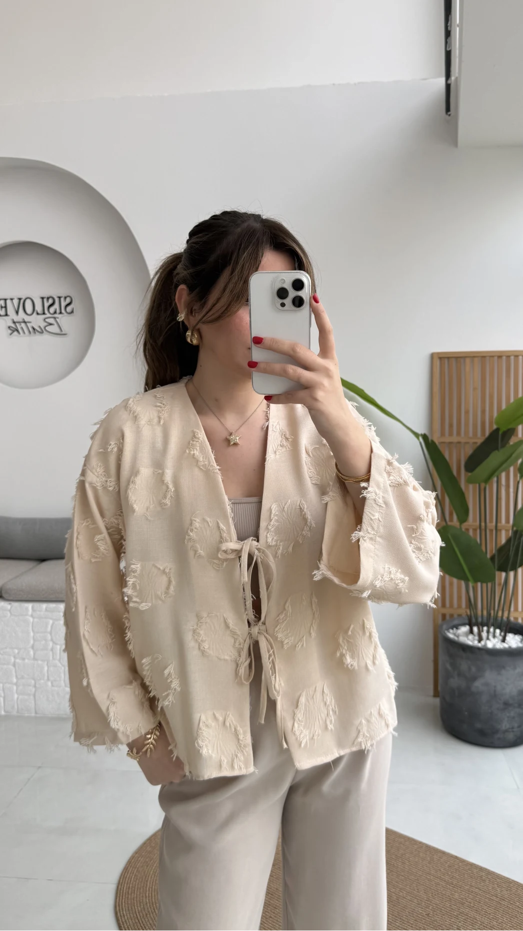 Püskül Detay Bağlamalı Kimono - Taş - Kod: 7012