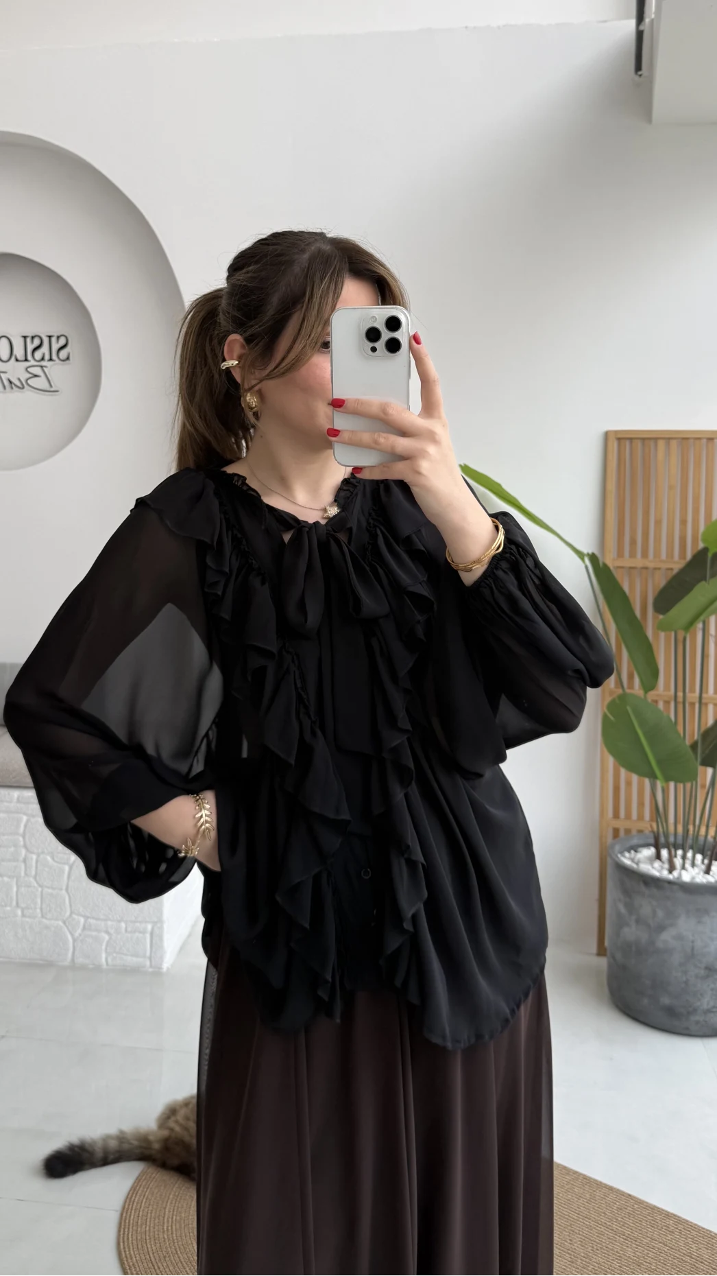 Mium Fırfırlı Fular Bağlamalı Şifon Bluz - Gömlek - Siyah - Kod: 0943