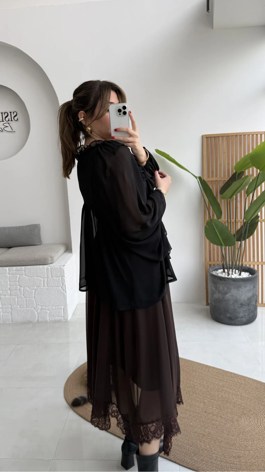 Mium Fırfırlı Fular Bağlamalı Şifon Bluz - Gömlek - Siyah - Kod: 0943