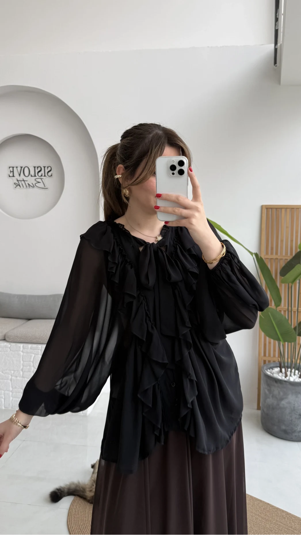 Mium Fırfırlı Fular Bağlamalı Şifon Bluz - Gömlek - Siyah - Kod: 0943