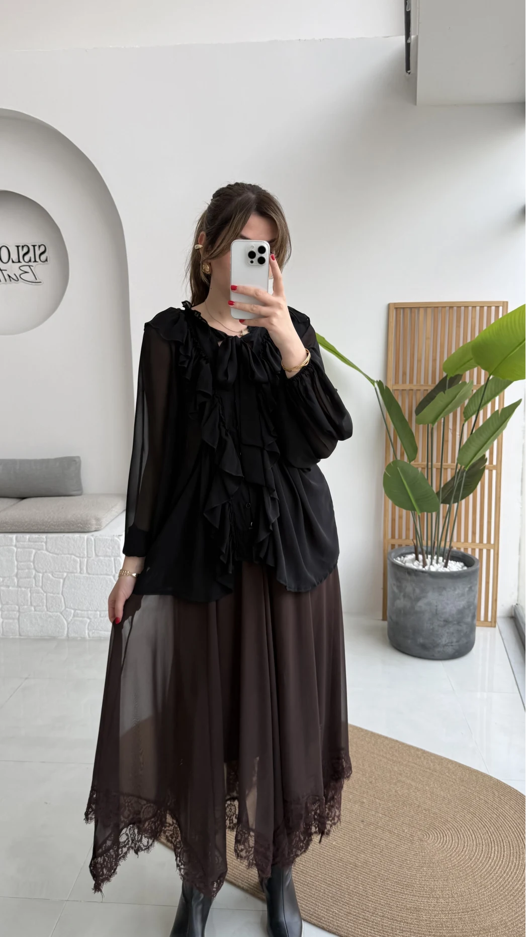 Mium Fırfırlı Fular Bağlamalı Şifon Bluz - Gömlek - Siyah - Kod: 0943