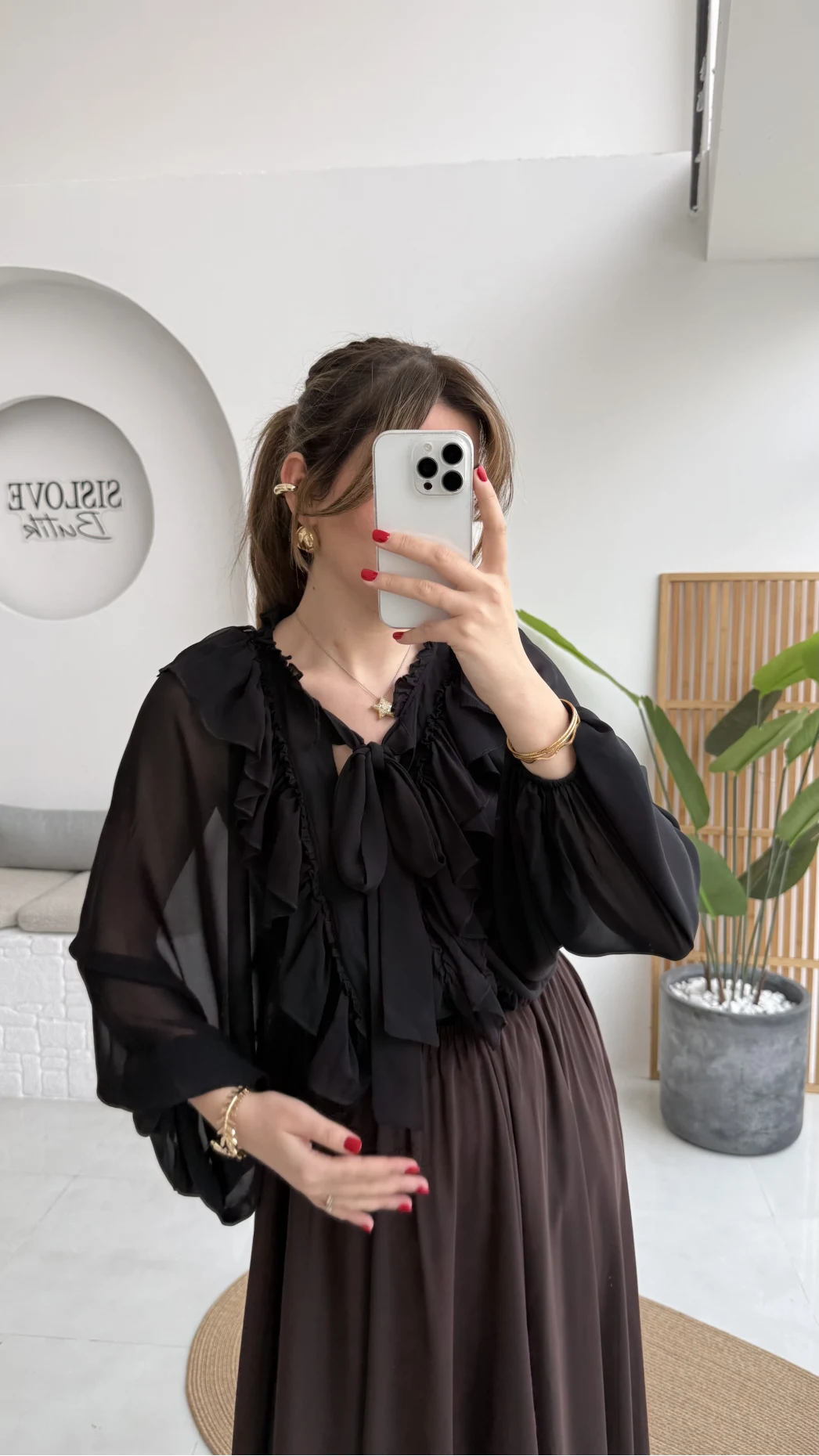 Mium Fırfırlı Fular Bağlamalı Şifon Bluz - Gömlek - Siyah - Kod: 0943