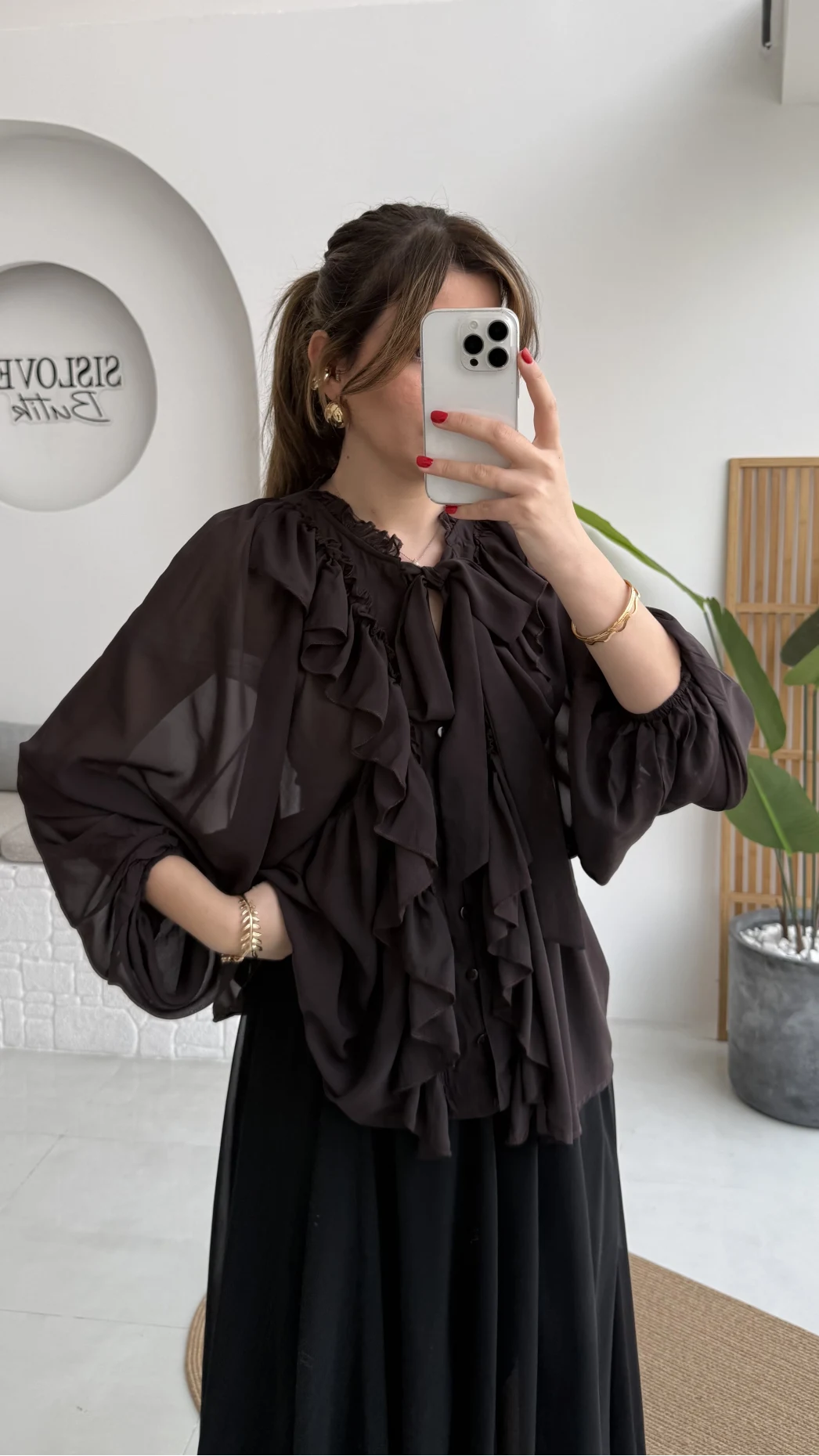 Mium Fırfırlı Fular Bağlamalı Şifon Bluz - Gömlek - Acı Kahve - Kod: 0943