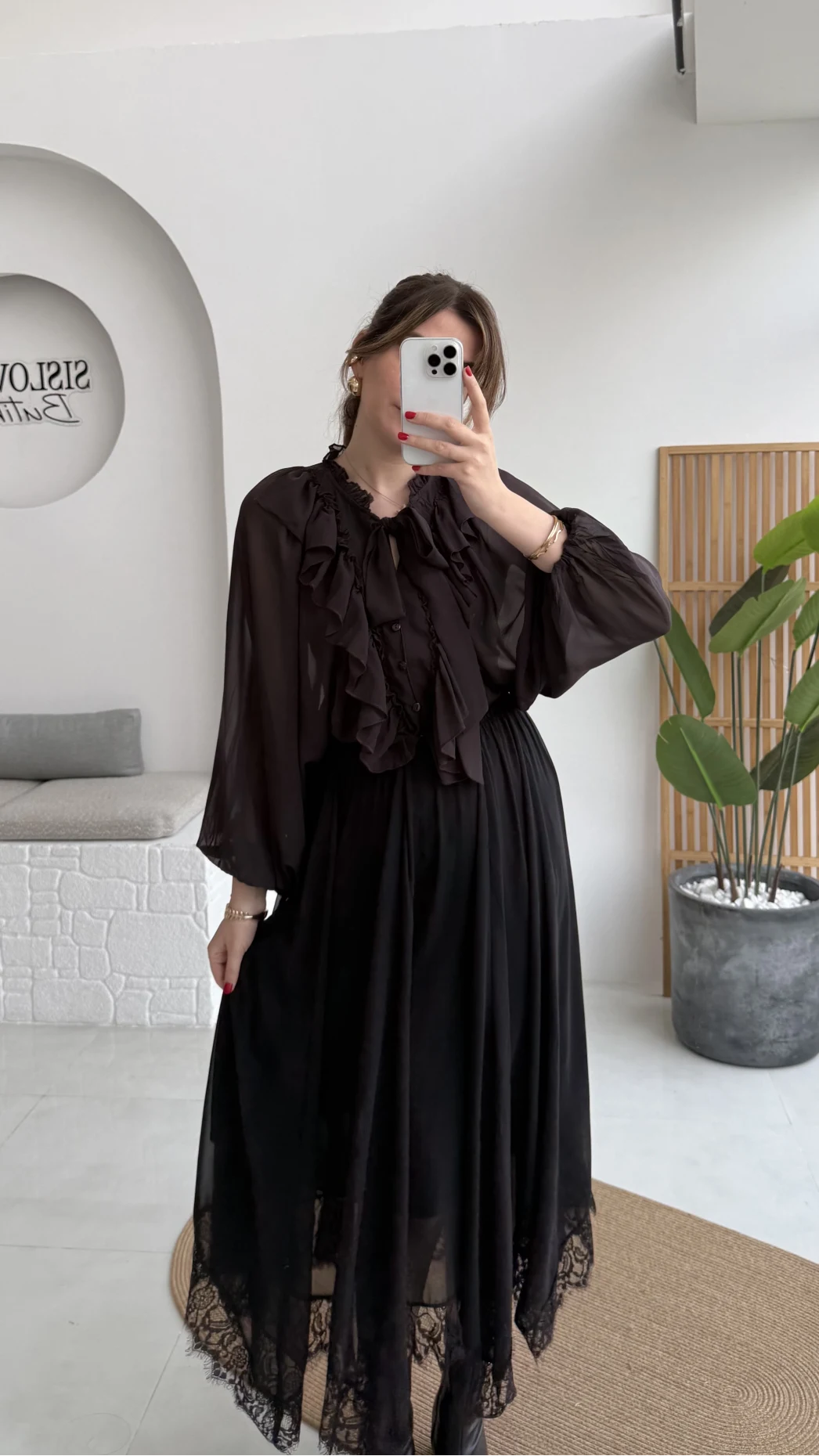 Mium Fırfırlı Fular Bağlamalı Şifon Bluz - Gömlek - Acı Kahve - Kod: 0943