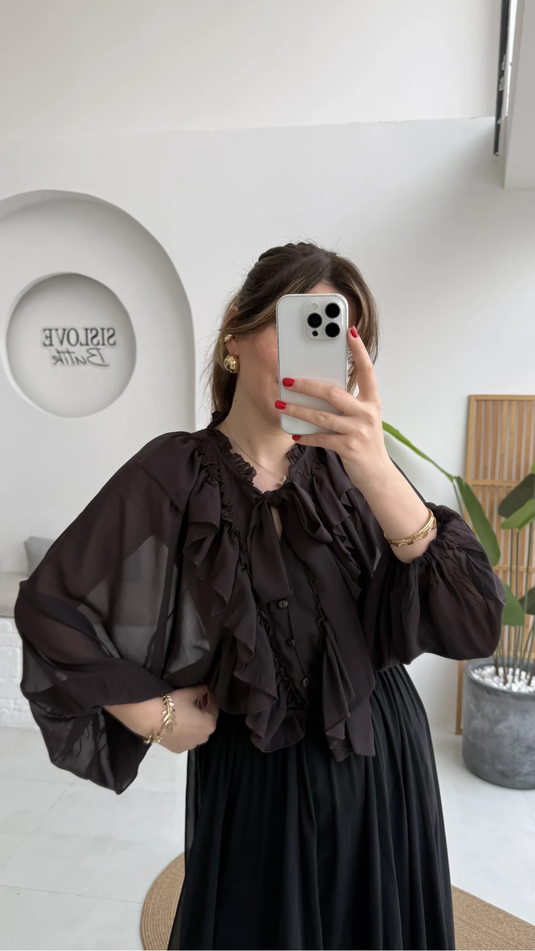 Mium Fırfırlı Fular Bağlamalı Şifon Bluz - Gömlek - Acı Kahve - Kod: 0943