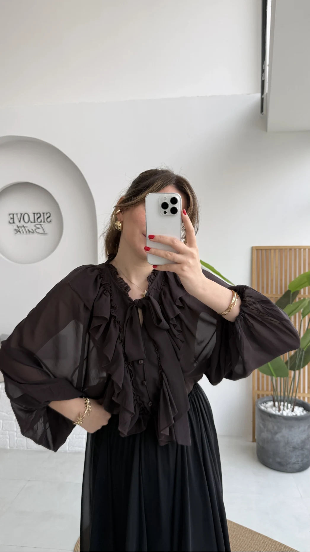 Mium Fırfırlı Fular Bağlamalı Şifon Bluz - Gömlek - Acı Kahve - Kod: 0943