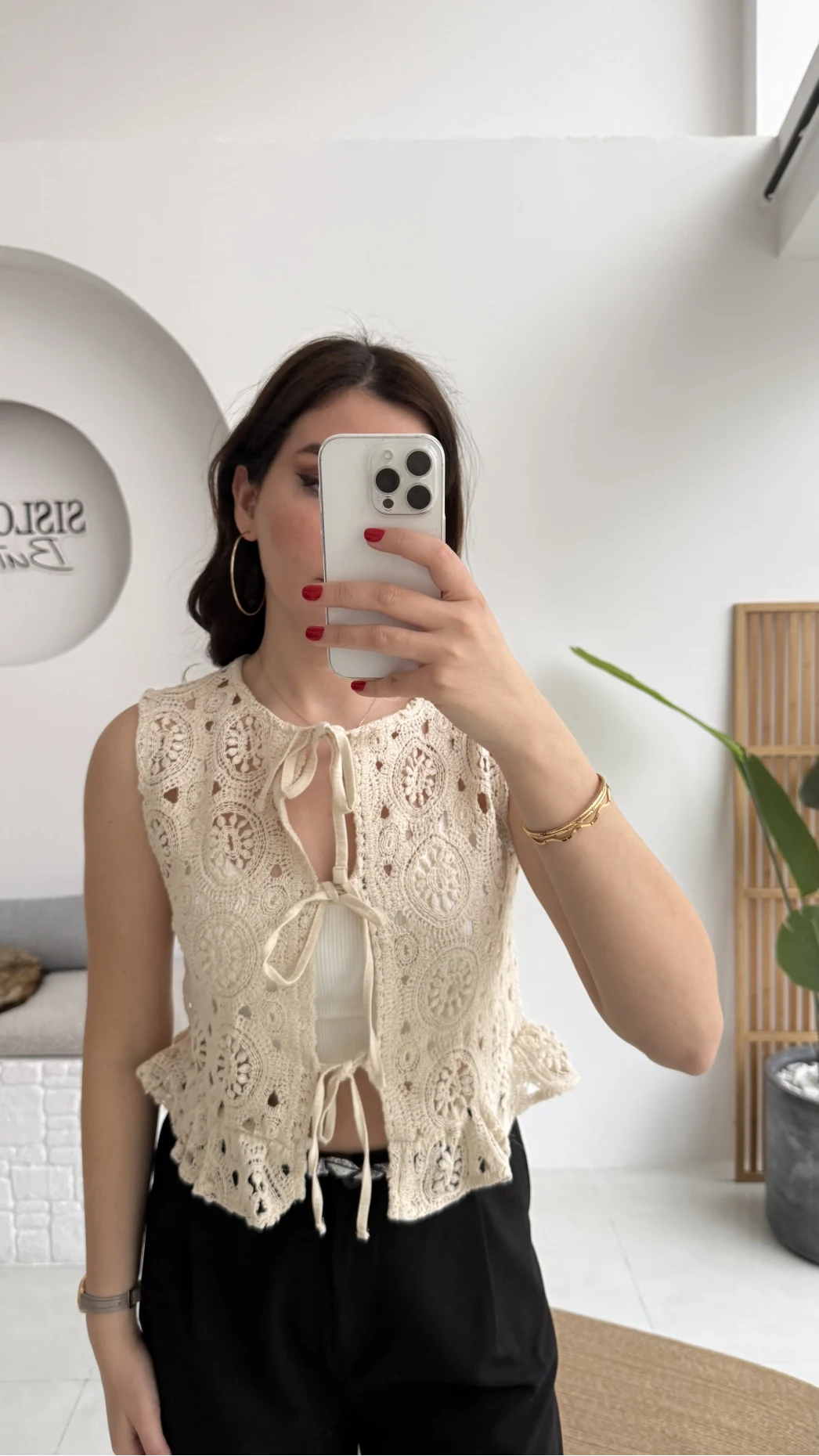 Dantelli Önden Bağlamalı Yelek - Ekru - Kod: 39161